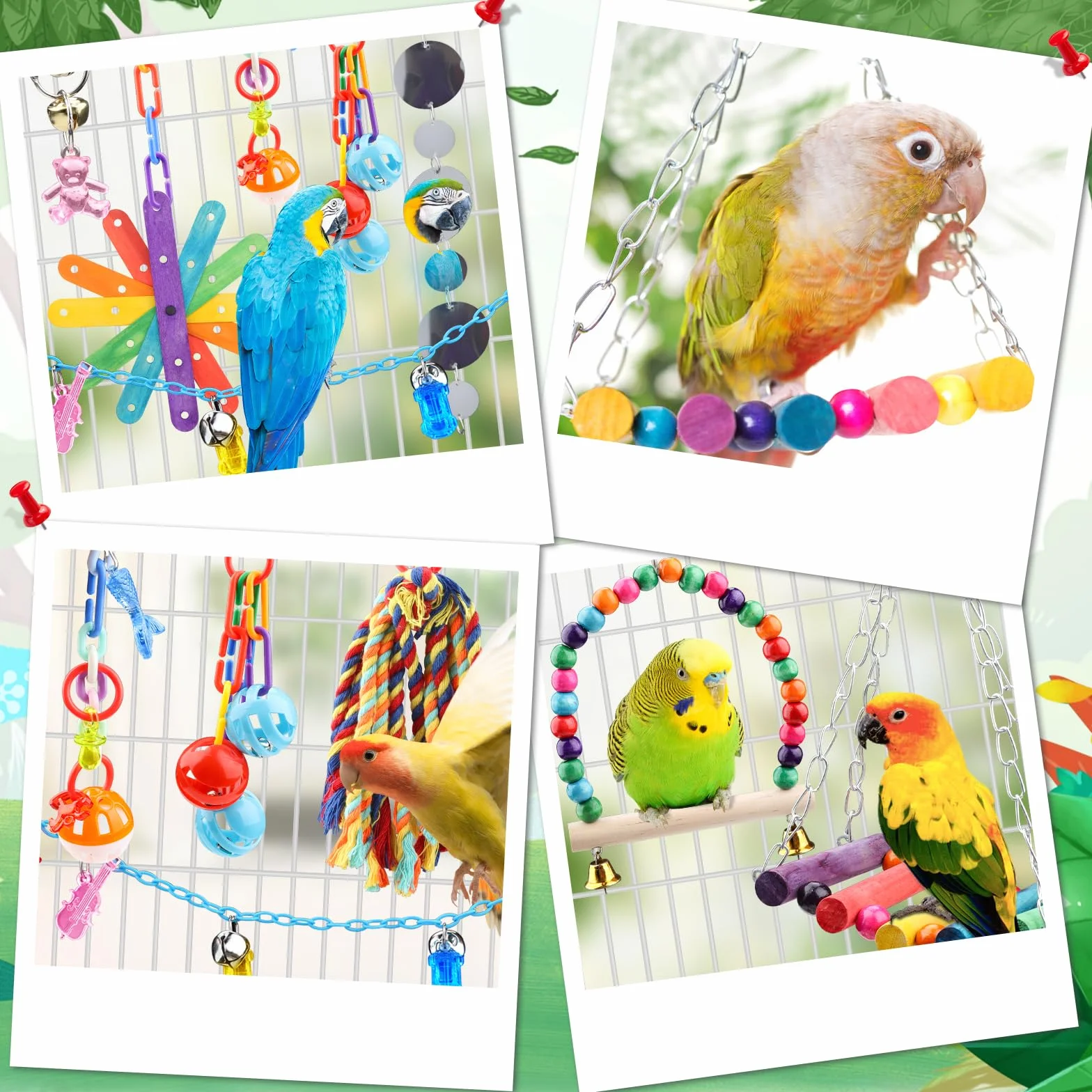 QUOZUO Jouets pour Oiseaux 9 Pièces Jouet Perroquet à Mâcher Suspendre Accessoire Cage Balançoire Échelle Cloches