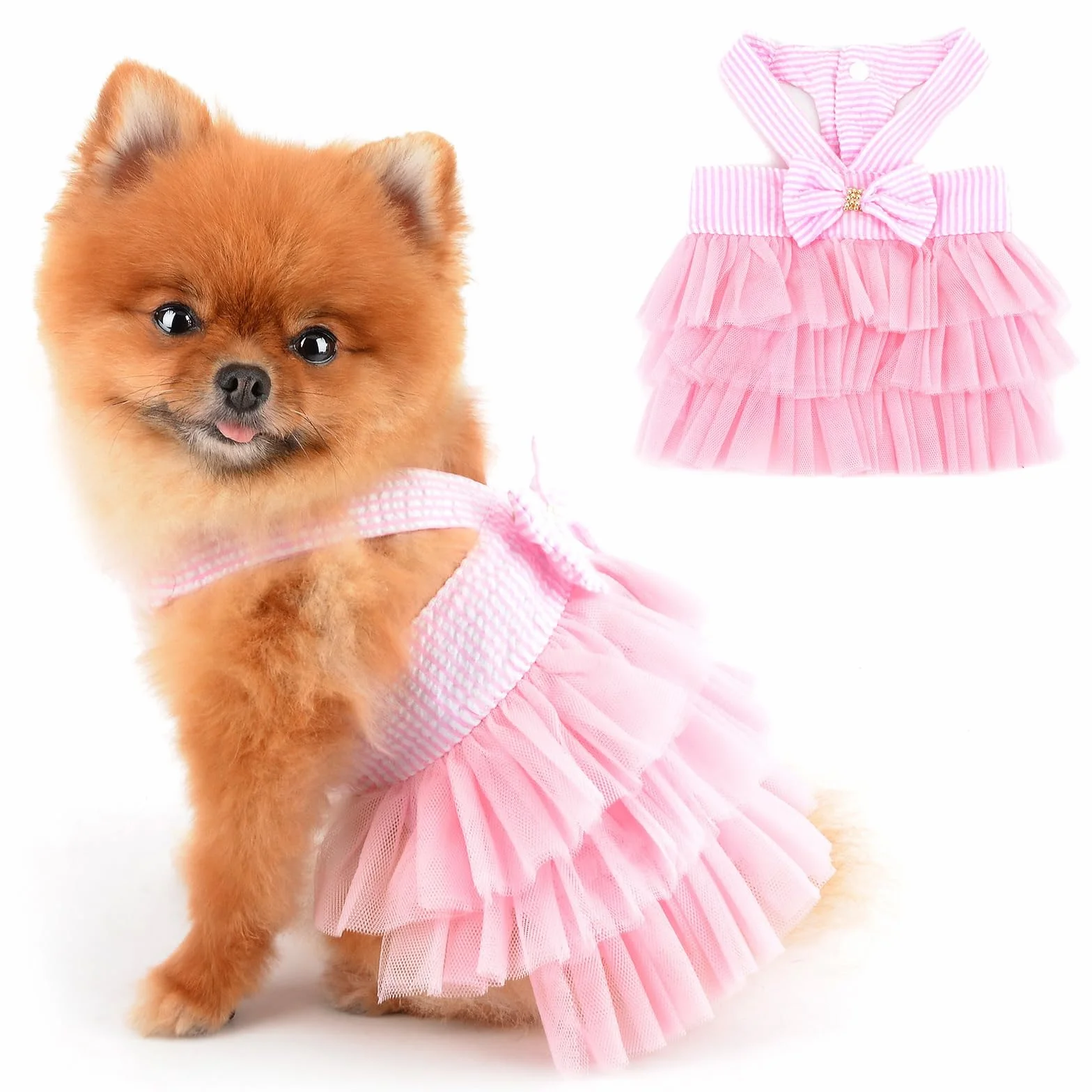 PAIDEFUL Robe tutu d'été en denim rayé avec nœud en organza et perles Rose Taille L