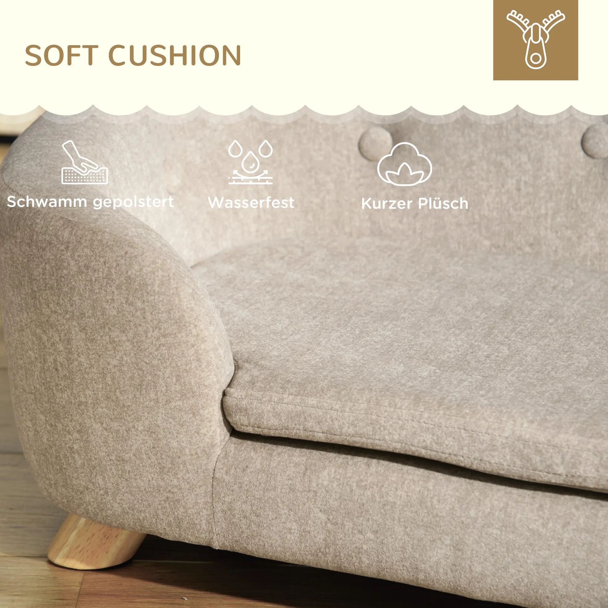 PawHut Canapé-lit pour animaux de compagnie - Coussin et poche arrière - Peluche et mousse de pin - Blanc crème - 70 x 47 x 30 cm
