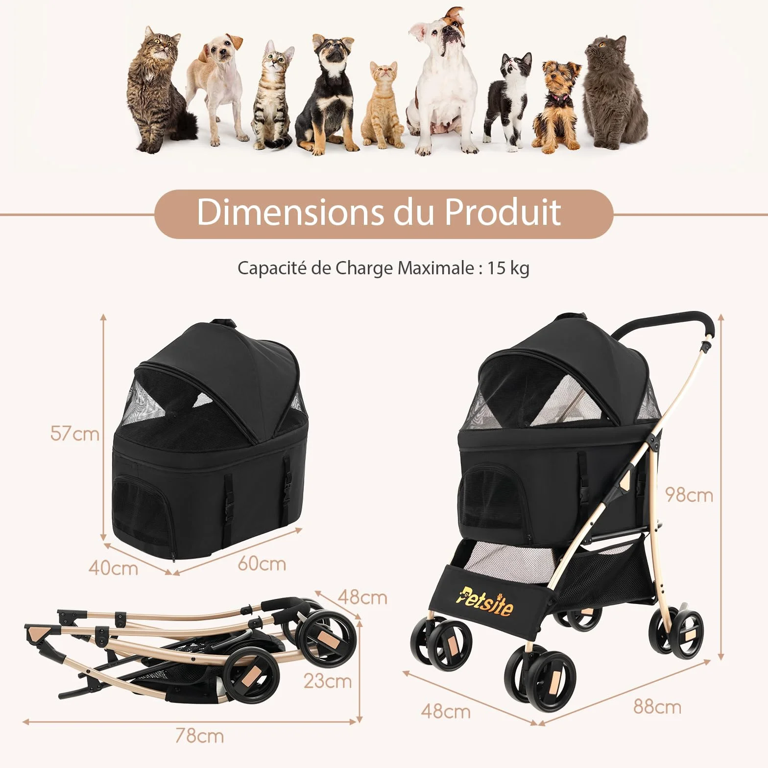 GOPLUS Poussette 3 en 1 Pliable pour Chien Chat, Siège Voiture Amovible, Auvent Réglable, Entrée Maille Zippée, Noir