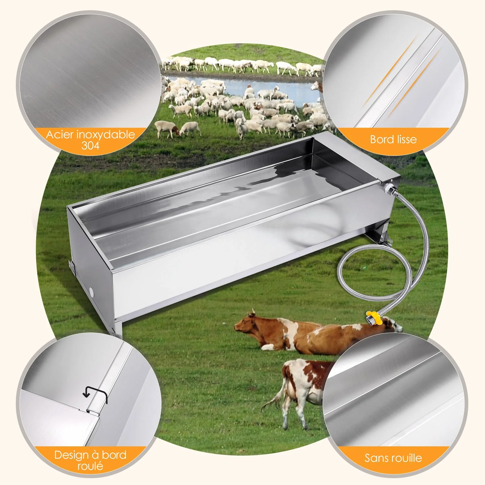 Bac à Abreuvoir Automatique 50 litres avec Flotteur 1/2 Pouce et Kit de Connexion pour Chevaux Chèvres Bœufs