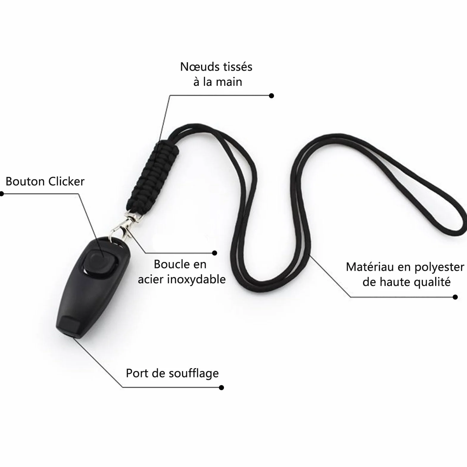 Sifflet Chien Rappel Ultrason Double Mode 2 en 1 Plastique ABS Acier Inoxydable avec Cordon Rouge Noir
