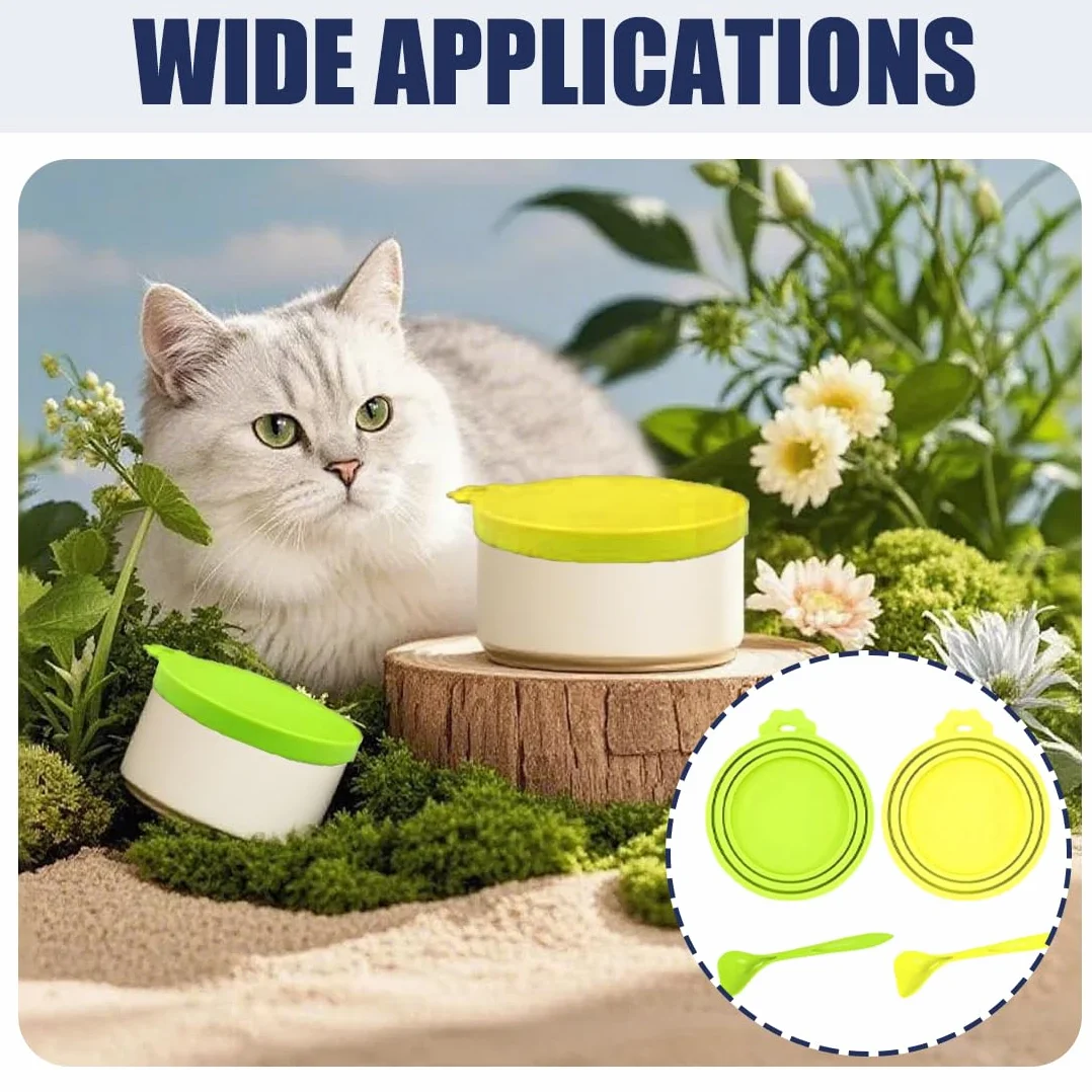 Couvercles En Silicone Pour Boîtes De Nourriture Pour Animaux, Lot De 2 Pièces Universel, Pour 3 Tailles Standard De Conserves Livré Avec Une Cuillère (Jaune, Verte)