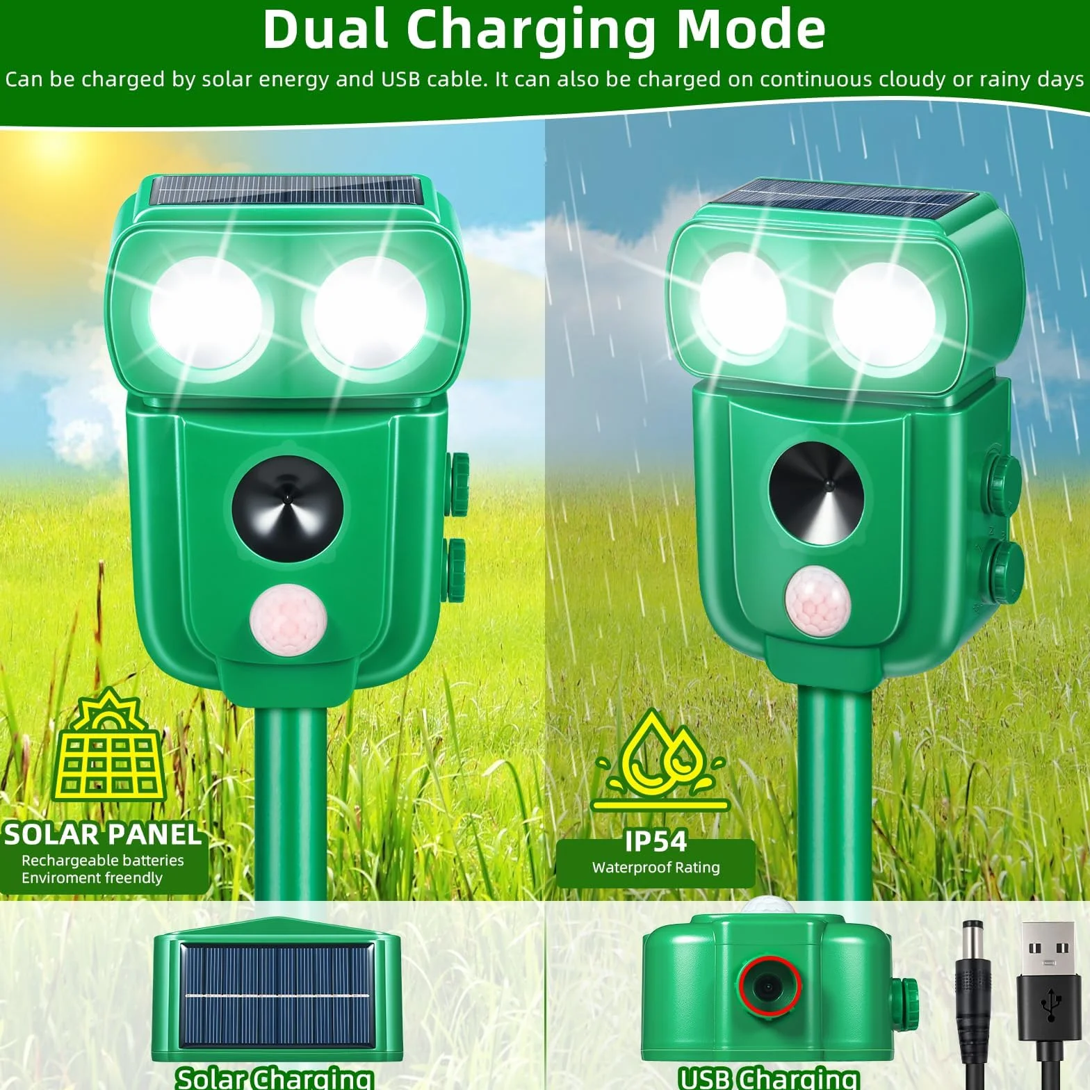 Répulsif pour chats à ultrasons solaire IP66 étanche fréquence réglable 5 modes