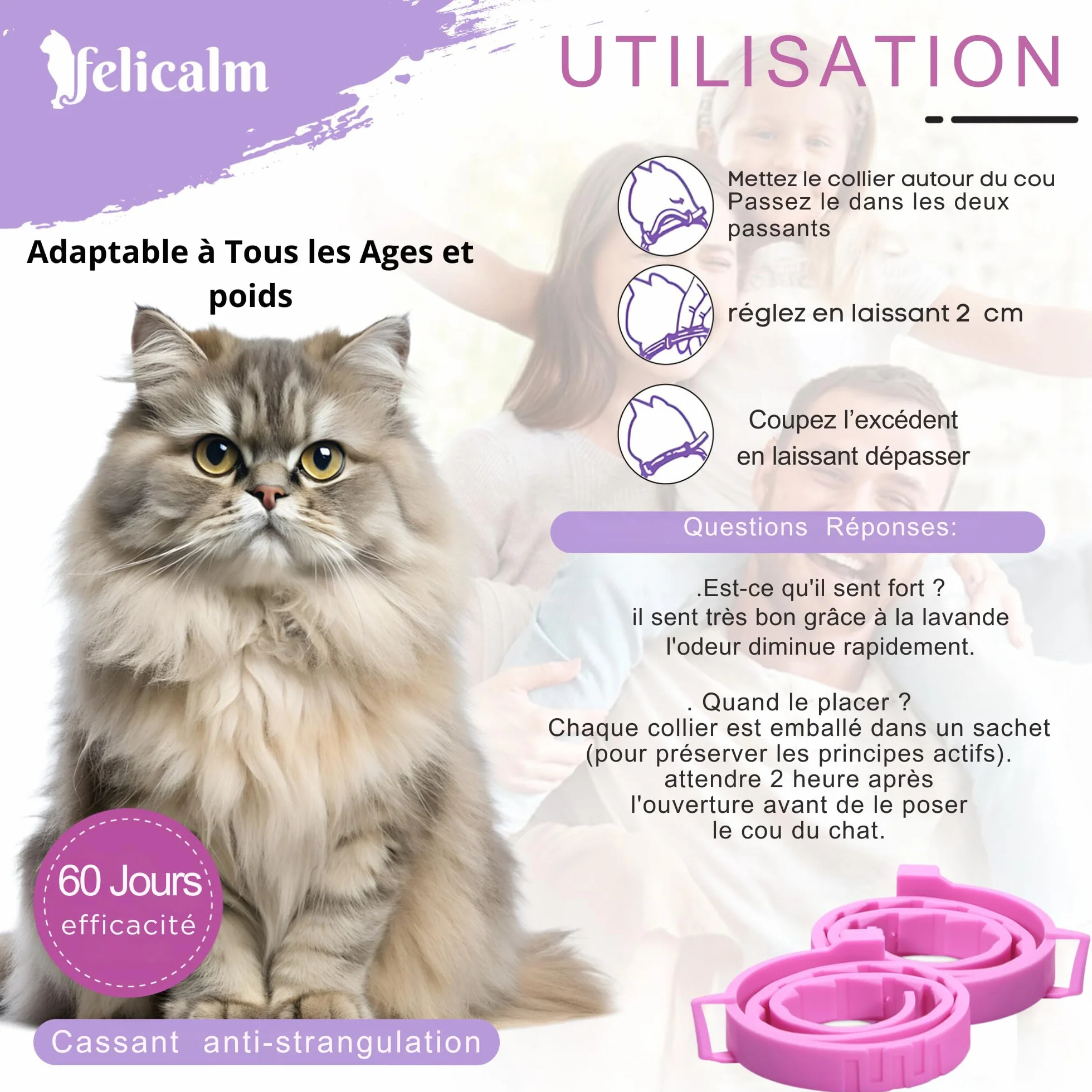 Félicalm Paris Colliers Anti-Stress Chat Chaton 2 Pièces 60 Jours Valériane Phéromone Camomille Lavande