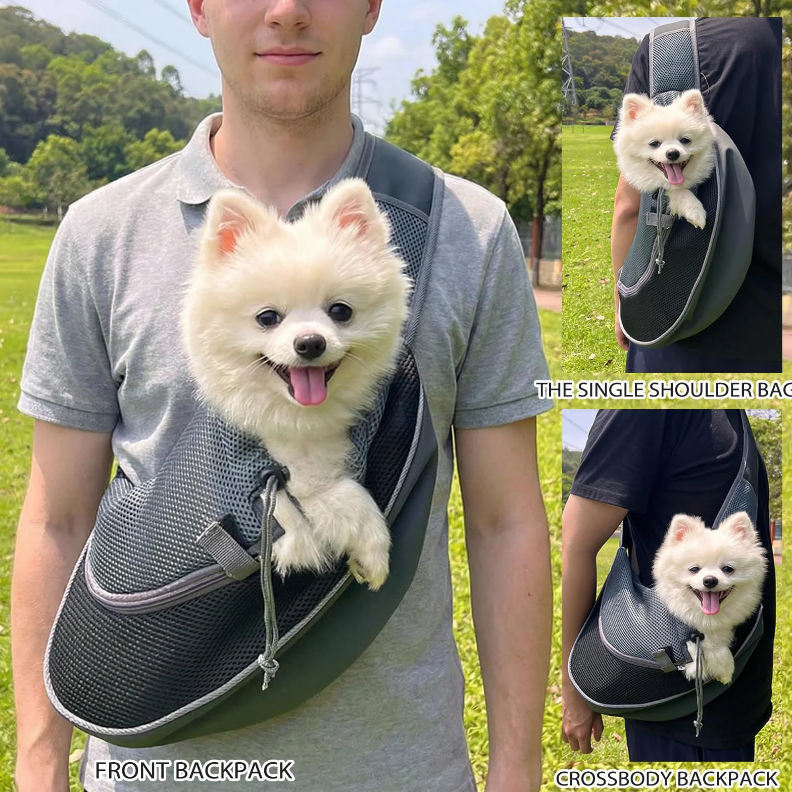 Sac de Transport pour Chien Chat Réglable Bandoulière Mains Libres Portable Animal de Compagnie Extérieur Voyages Marche Noir