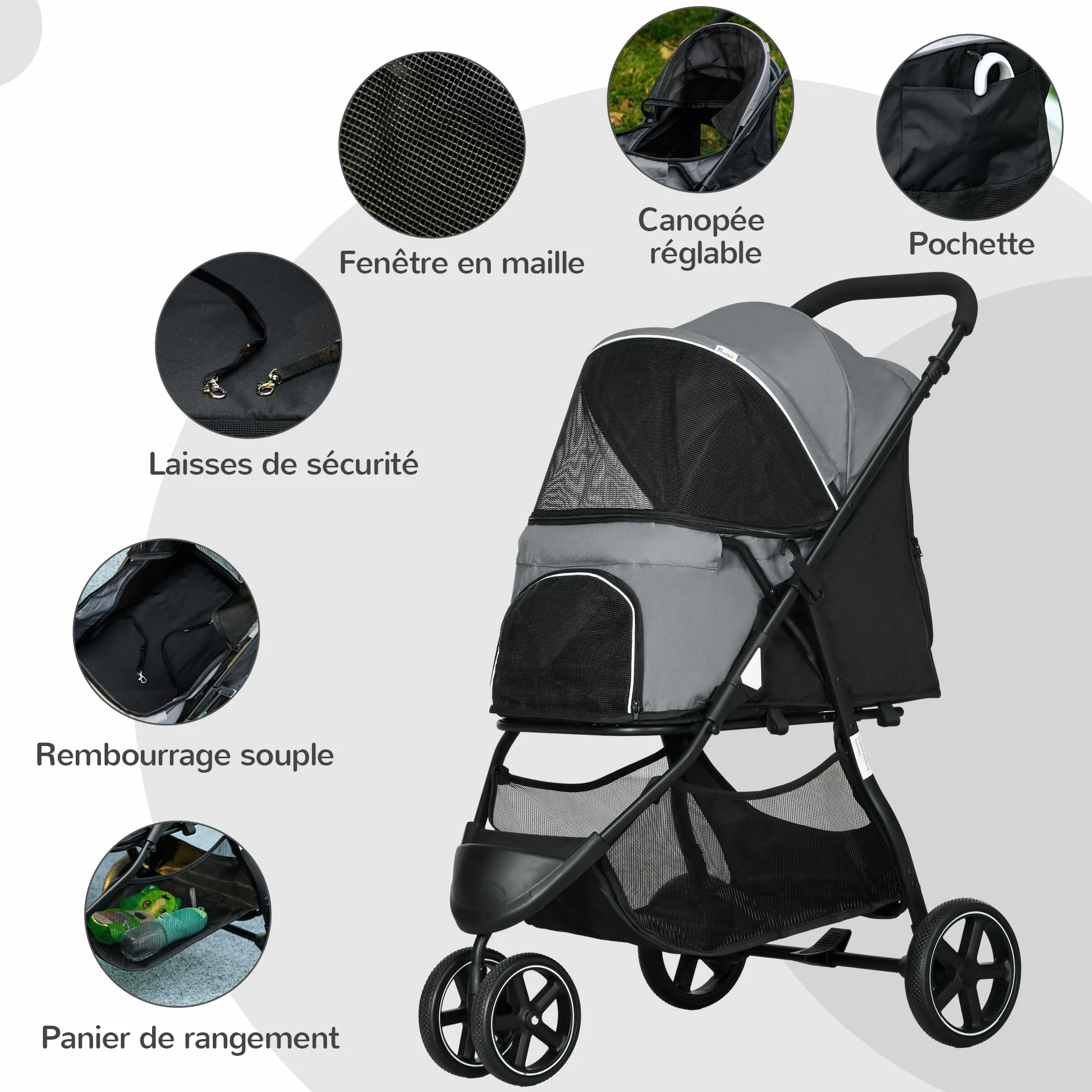 PawHut Poussette pour chien pliable, roues EVA, guidon réglable, 83 x 55 x 101 cm, gris