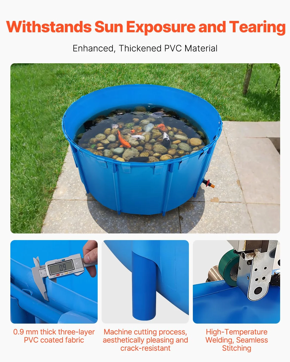 VEVOR Bassin à Poissons Hors Sol, Capacité 4550 L, Étang à Poissons en Toile PVC, avec Cadre Stable en Plastique et Vanne de Vidange, pour Aquaculture, Élevage de Poissons Rouges, Carpes, Koïs, Bleu