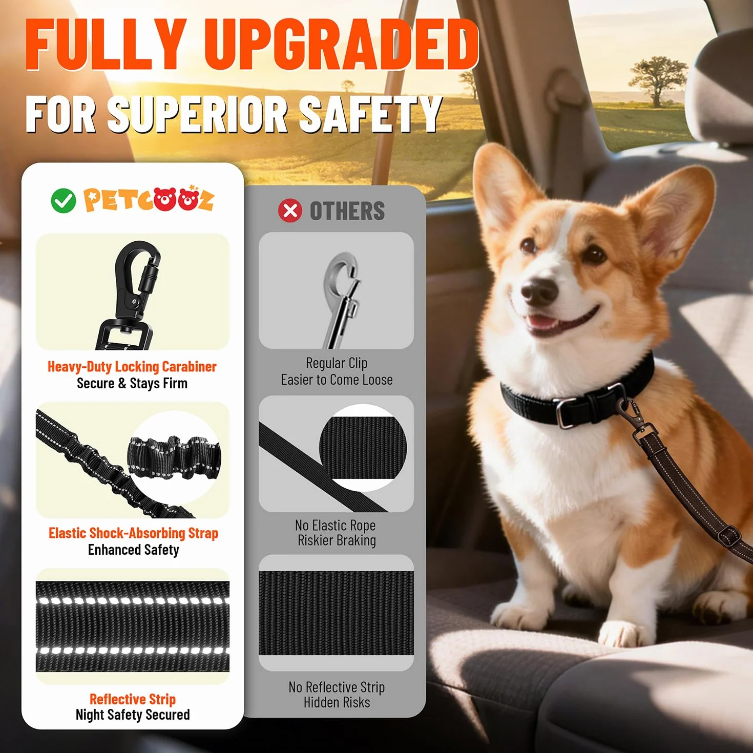 Ceinture Chien Voiture 3 en 1, Ceinture de Sécurité Chien Réglable 58-92 cm avec Système Latch et ISOFIX, Absorption des Chocs, Mousqueton Rotatif 360°, Harnais Voiture pour Toutes Les Races