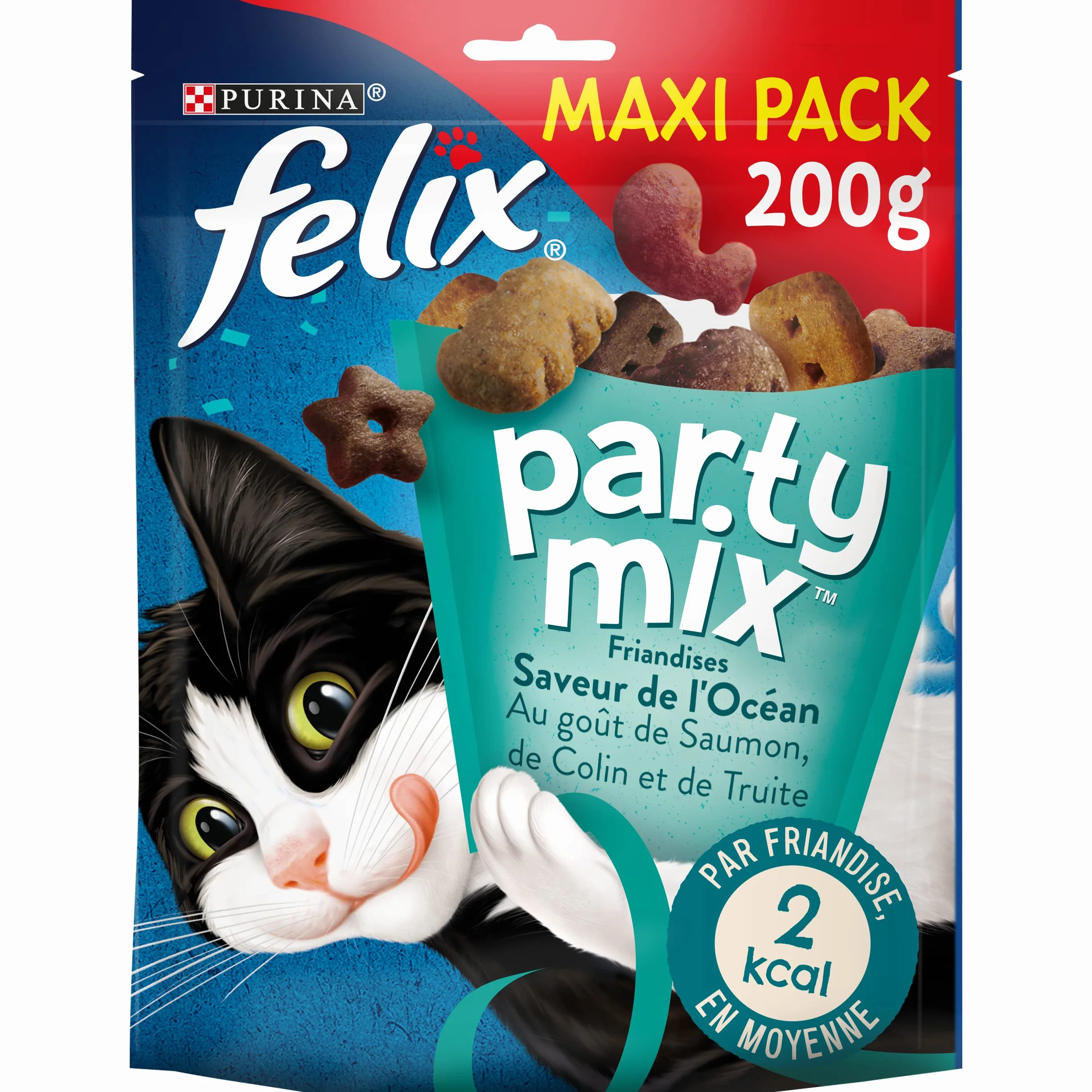Felix | Party Mix | Friandises pour Chat Adulte | Riches en protéines, vitamines, acides Gras et oméga 6 | Saveur de l'Océan au goût irrésistible : Saumon, Colin, Truite | Sac | Lot de 5 x 200g