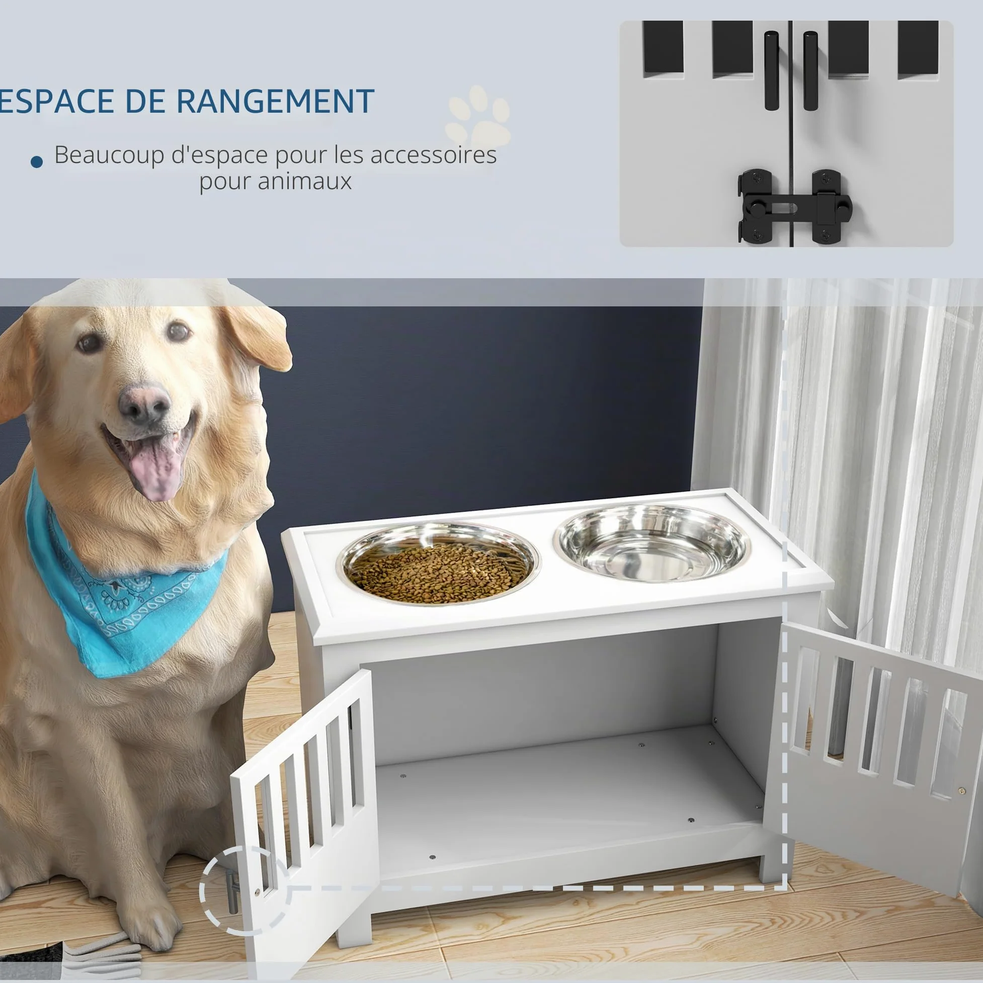 PawHut Grandes gamelles surélevées avec Armoire de Rangement 37L Blanc | Support gamelle surélevée, gamelle nourriture, station alimentation chien
