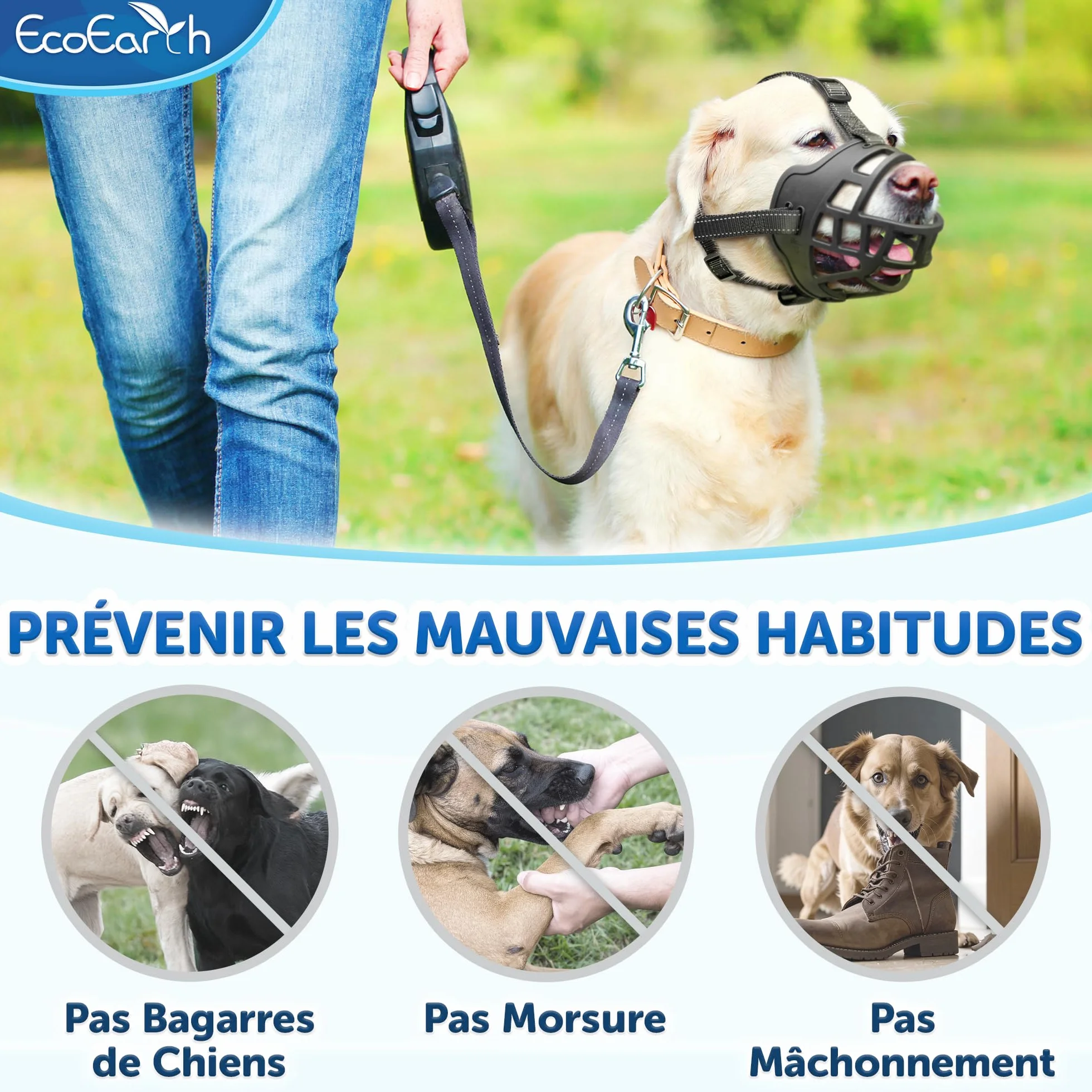 EcoEarth Muselière pour Chien - Muselière Panier Durable pour Chiens de Grande Taille - Grande, Noire - Protège-Dents réglable et Respirant pour empêcher Les morsures et Les aboiements