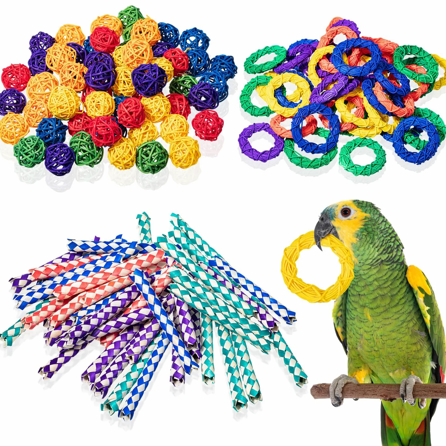 Hiboom Lot de 200 jouets pour oiseaux : 100 pièges à doigts, 60 boules en rotin, 40 anneaux de vigne – Boules en osier pour perroquet, calopsitte et perruche à mâcher pour perruches, cage d'animaux de