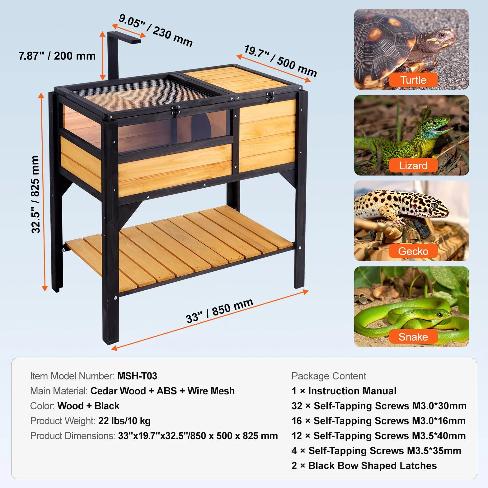 VEVOR Maison pour Tortues Intérieur Extérieur, Enclos en Bois avec Support d'Éclairage pour Reptiles Petits Animaux