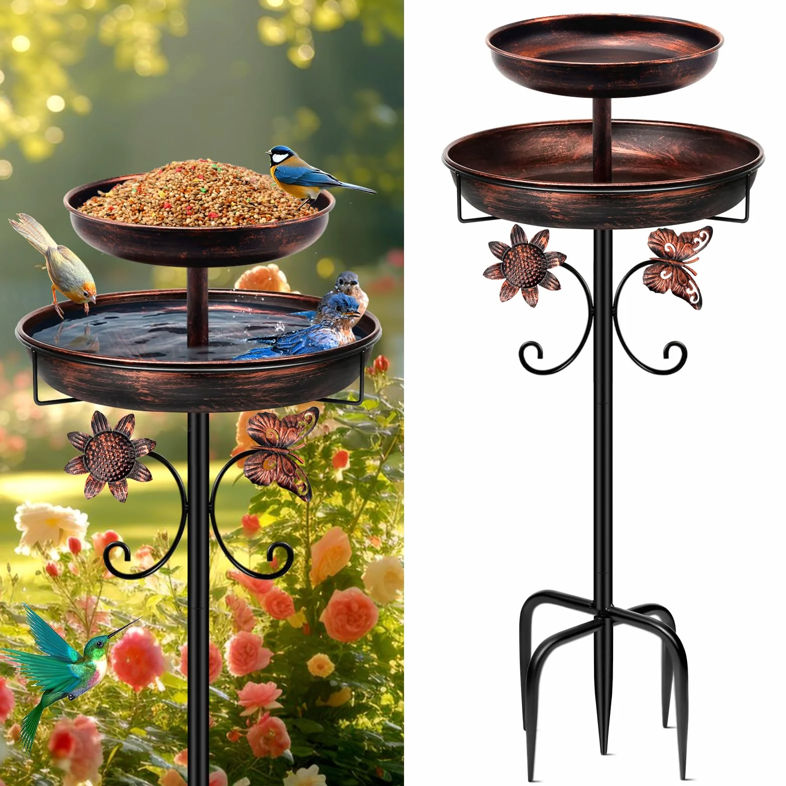 Bain d'oiseaux en métal pour l'extérieur, 106,7 cm, double bain d'oiseaux autoportant, mangeoire pour oiseaux pour extérieur, jardin, terrasse, cour, pelouse, base améliorée à 5 dents (bronze