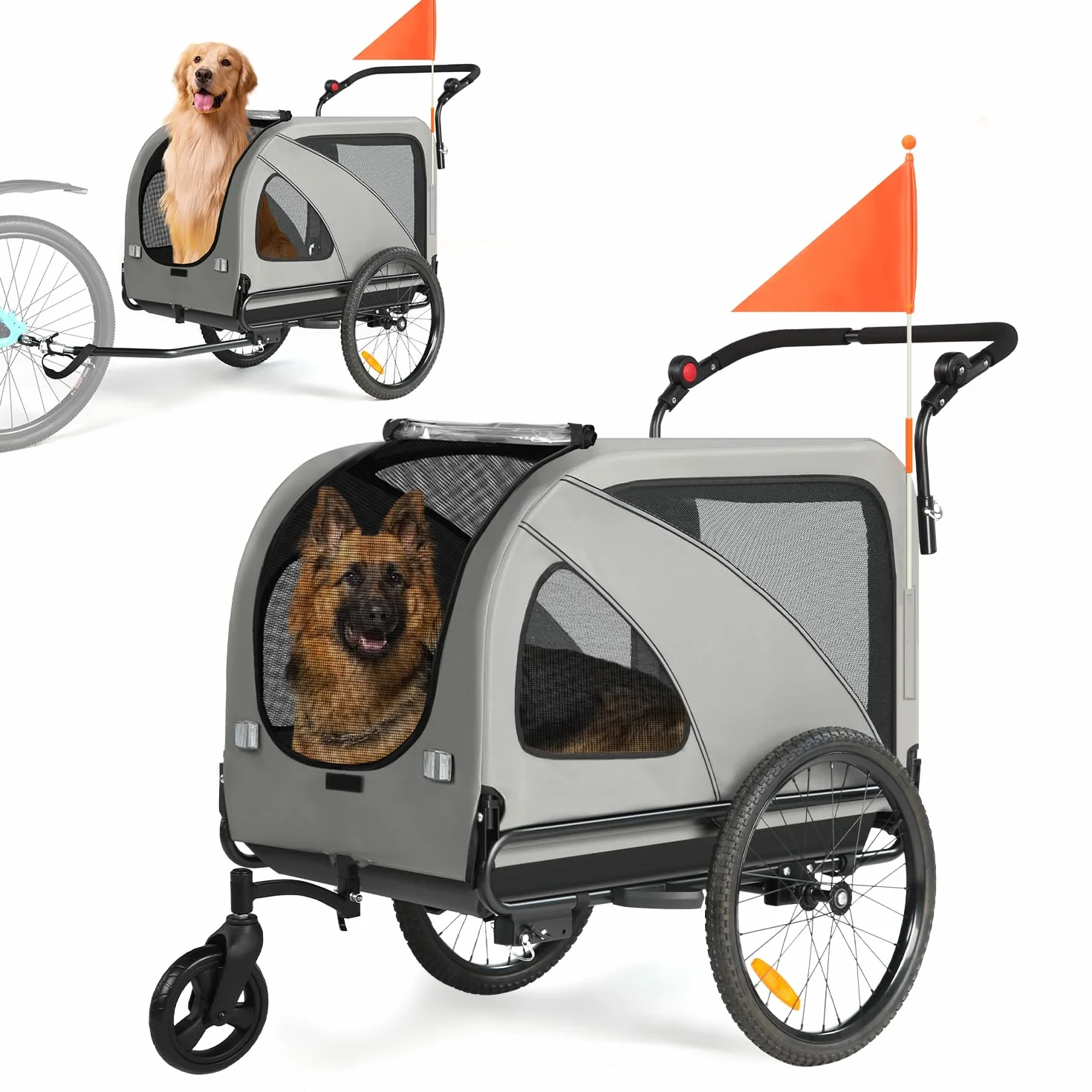 Remorque de vélo XXL 2 en 1 pour Chien - Remorque Pliable pour Chien avec Ouverture de Toit, réflecteurs et Bandes réfléchissantes, attelage de vélo Universel, poignée réglable en Hauteur