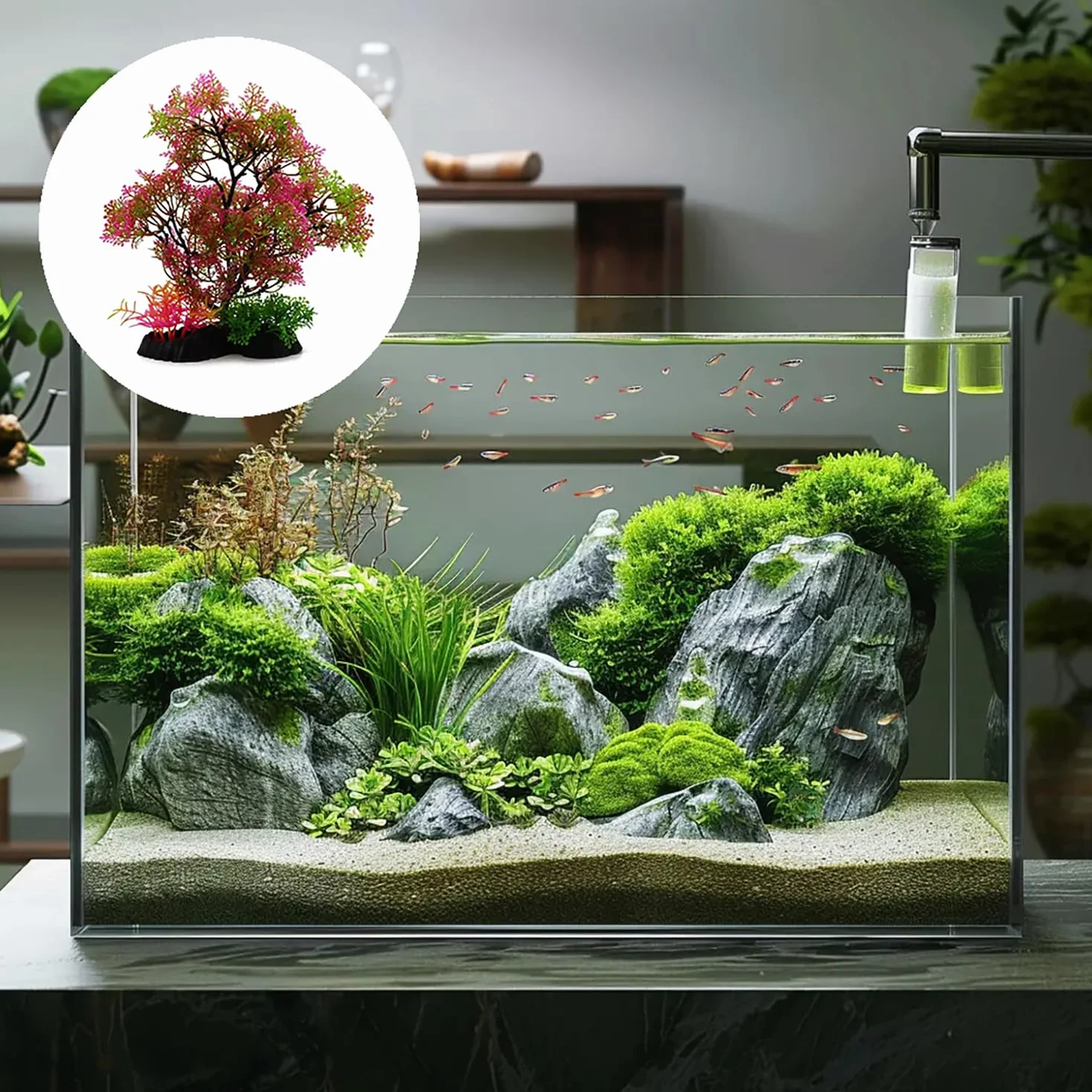 Plante Aquarium Artificielle 25 cm, Décoration Simulation avec Base Epaissie pour Poisson
