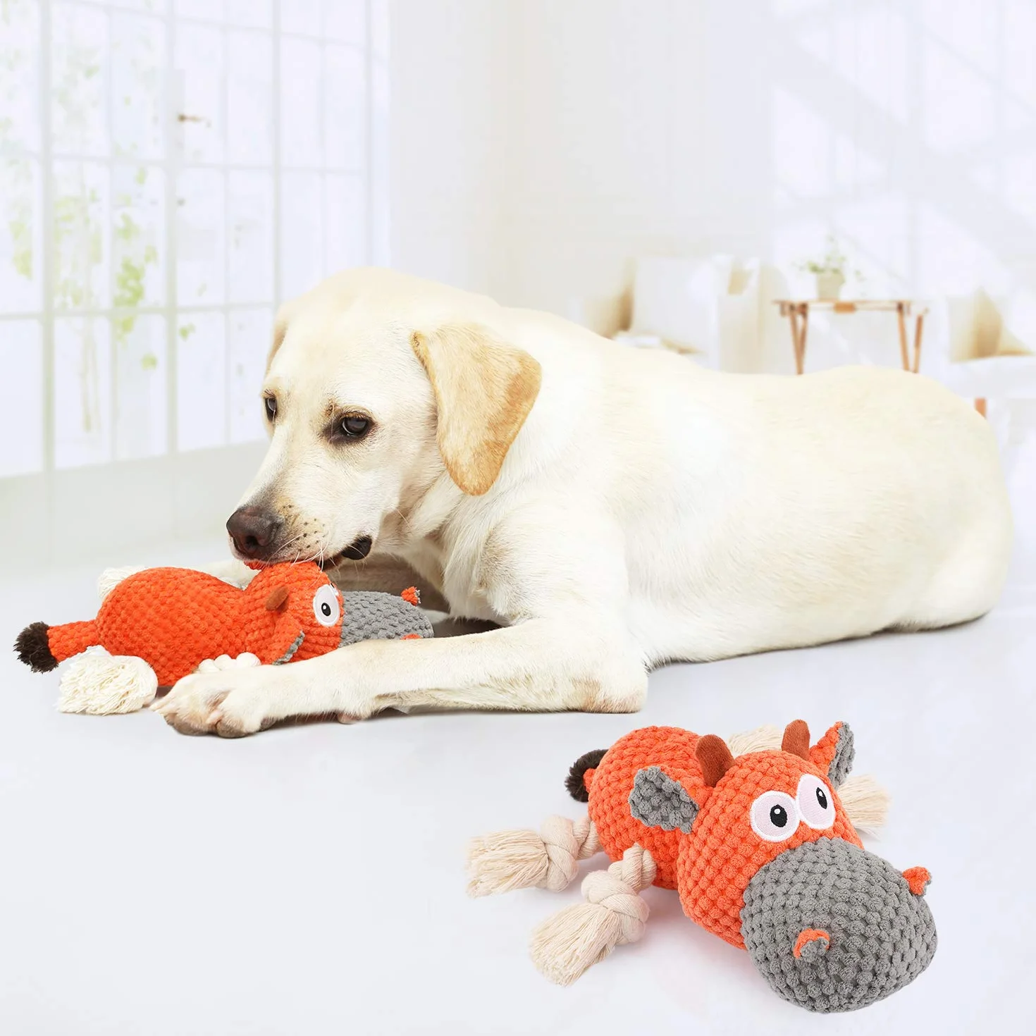 Jouets pour Chiens Interactifs Couineurs Robustes avec Chiffon en Coton et Papier Froissé Orangée Bovins