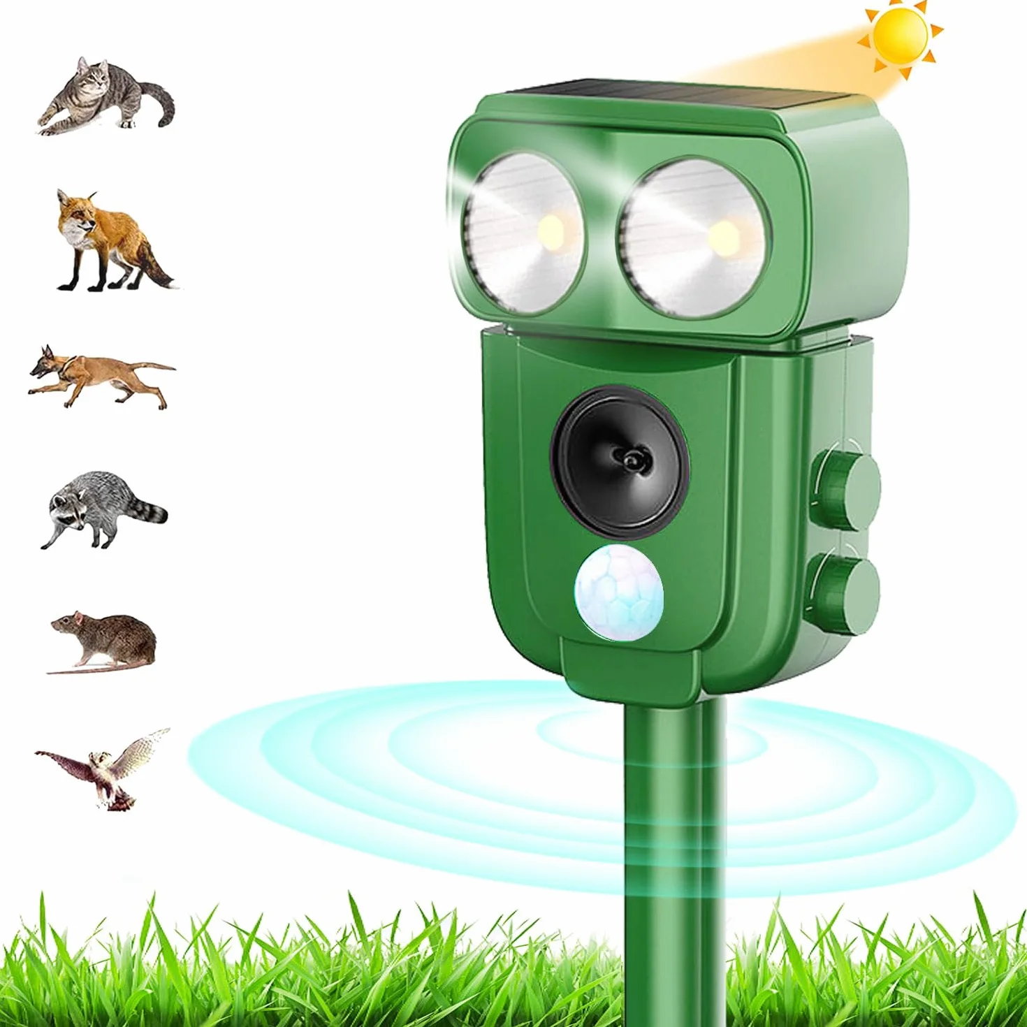 Répulsif pour chats à ultrasons solaire IP66 étanche fréquence réglable 5 modes