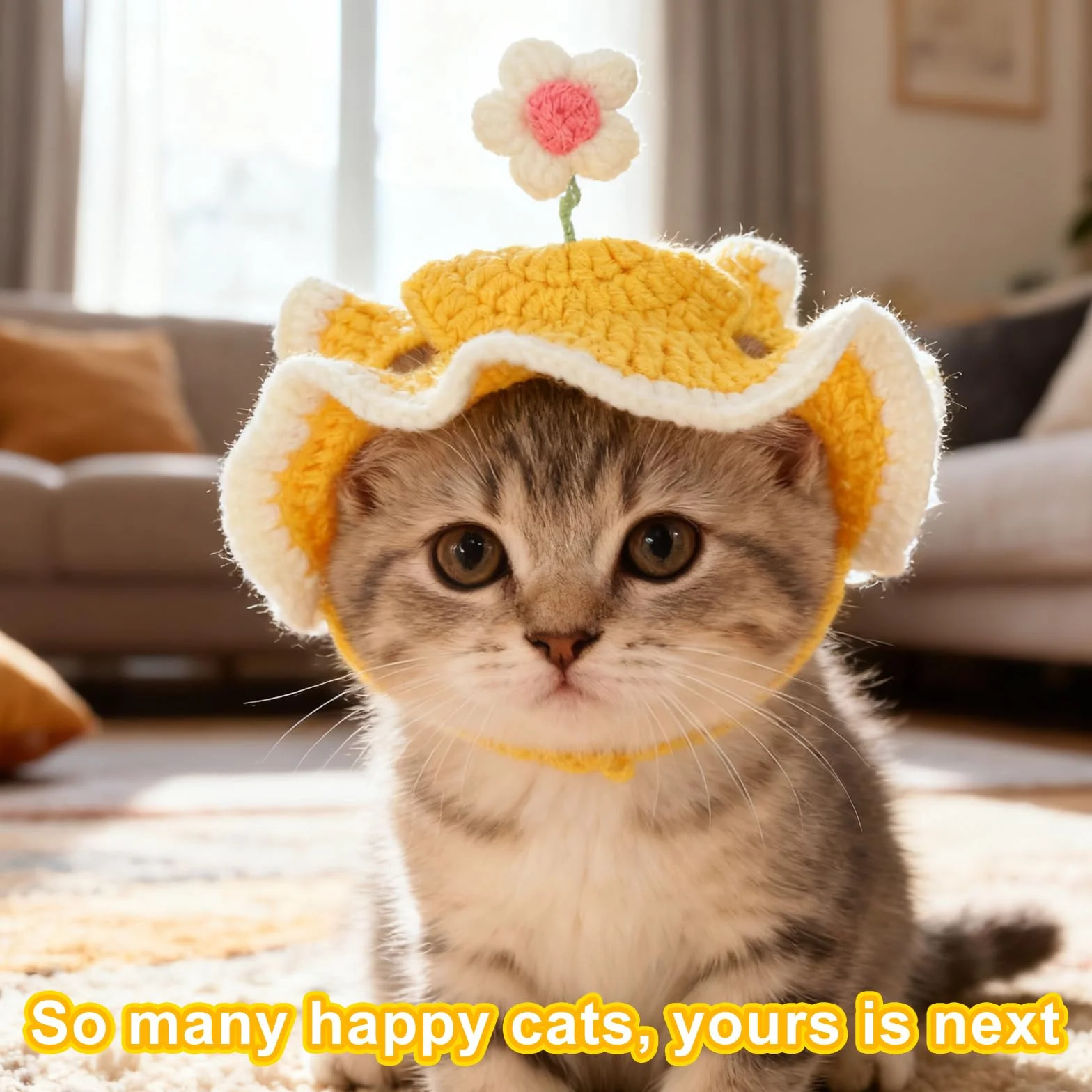 Chapeau d'anniversaire pour Chat avec Trous Oreilles, Ajustable, Tricoté, Mignon Design Fleur, Jaune