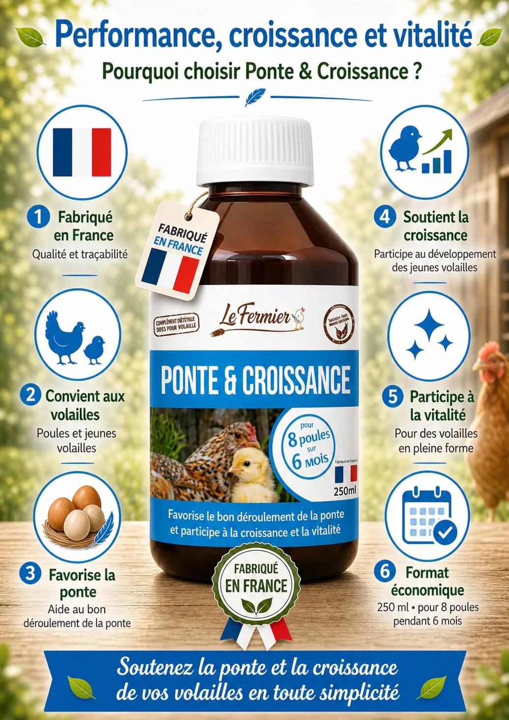 Ponte & Croissance 250 ML Complément Alimentaire Liquide pour Poules et Volailles