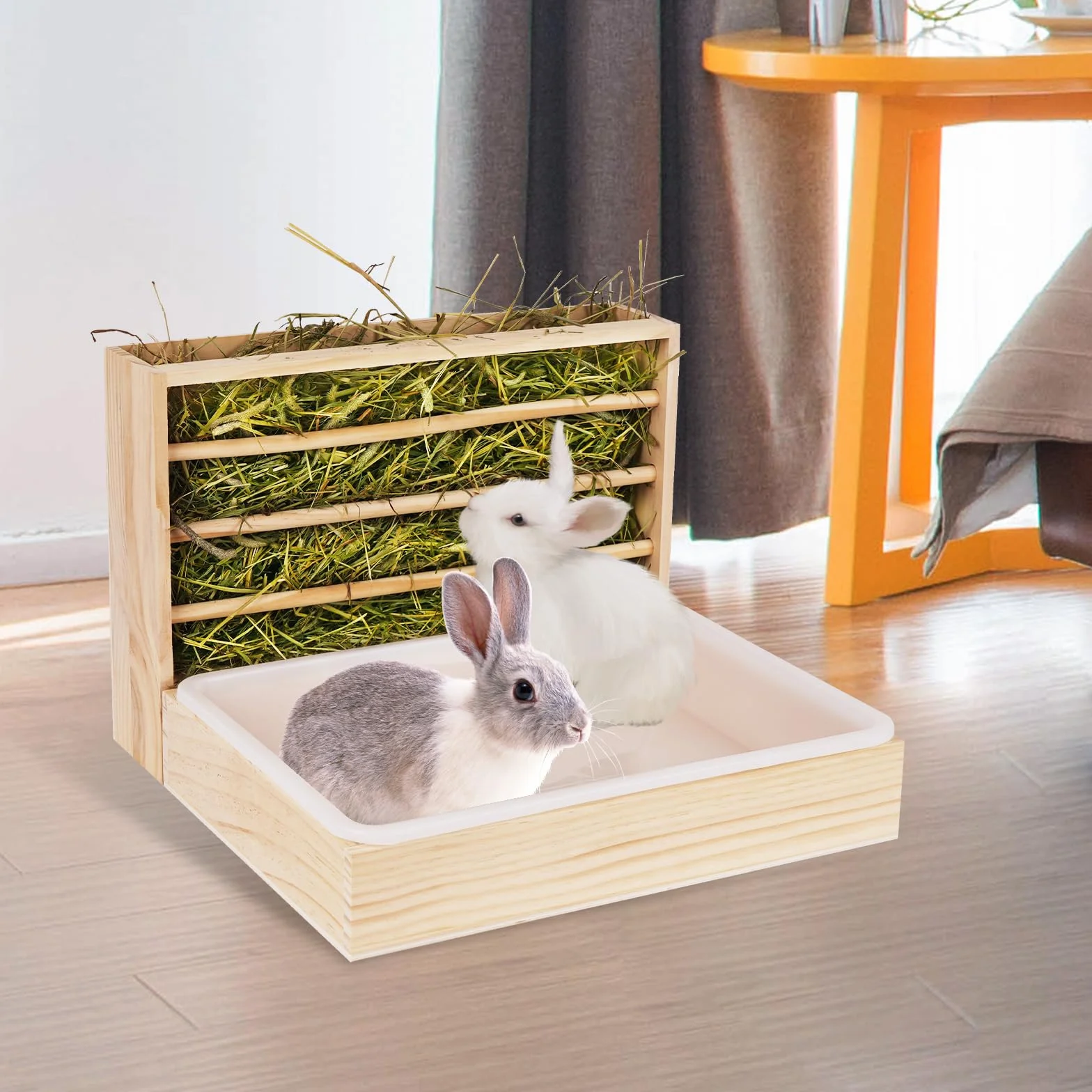 Râtelier à foin 2 en 1 en bois pour hamster avec distributeur automatique et bac à litière