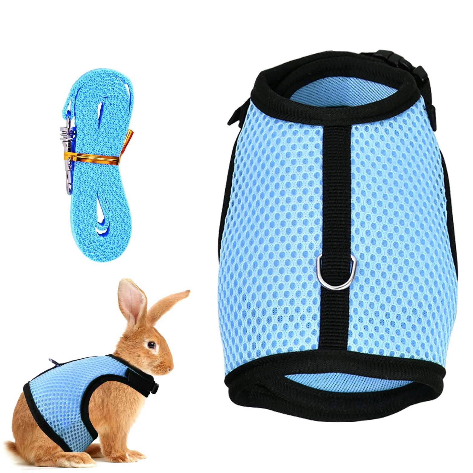 Harnais Lapin Réglable, Laisse Élastique Gilet Souple avec Corde de Traction pour Lapins et Cochons d'Inde (Bleu, S)