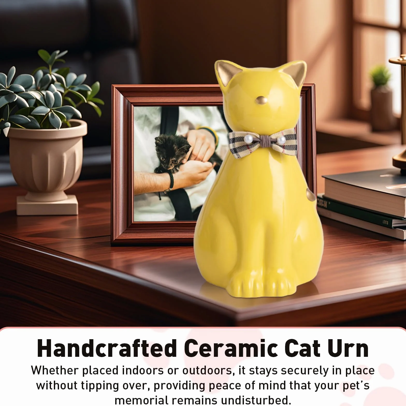 Urne funéraire en céramique faite à la main pour cendres de chat, statue de chat mémorial funéraire, urne pour animaux de compagnie intérieur extérieur (Or)