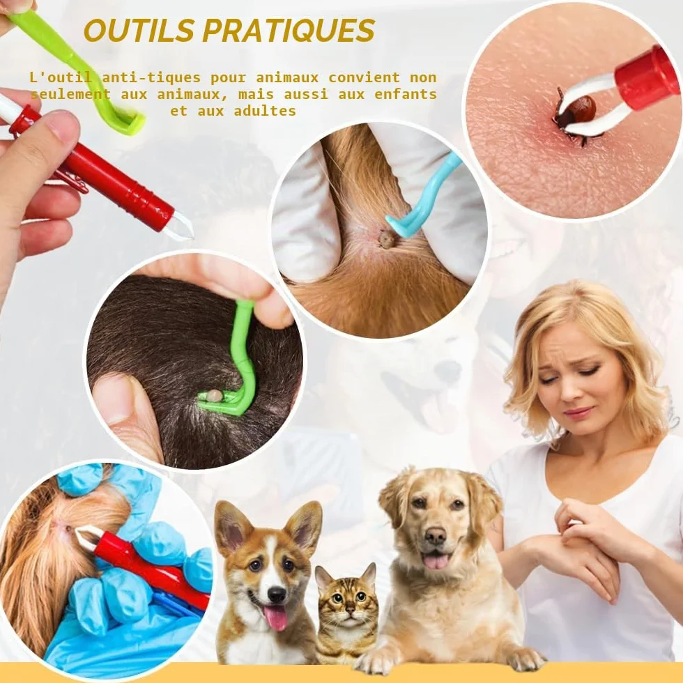 5 Pièces Anti-tiques - 3 Crochets à Tiques et 2 Pinces à Tiques Ensemble, Dissolvant sans Douleur pour Chiens, Chats et Humains Animaux de Compagnie (Rouge, Vert)