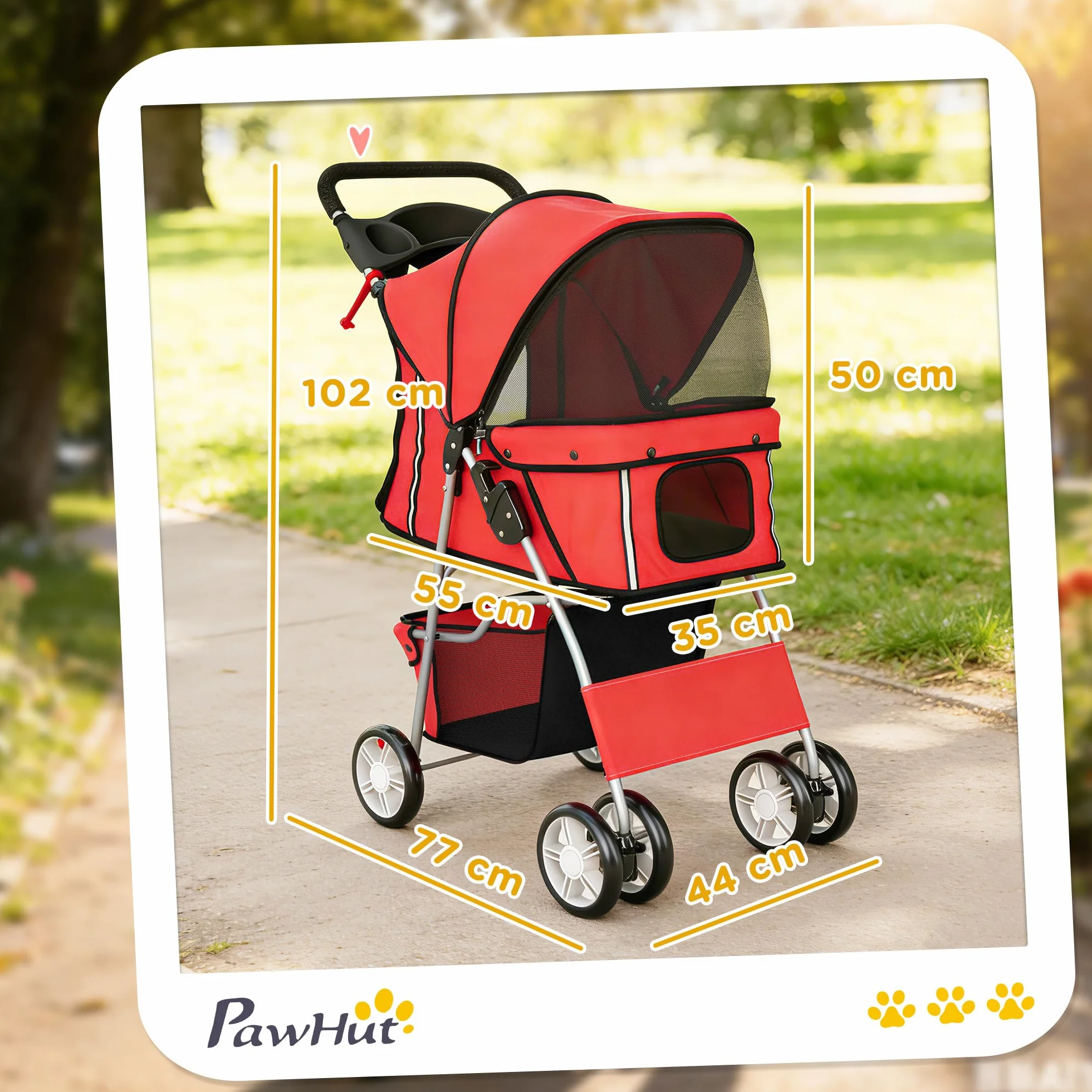 Poussette Buggy Pliable Animaux pour Chien et Chat, Imperméable avec Toit Amovible, 600D Oxford, Acier, Rouge