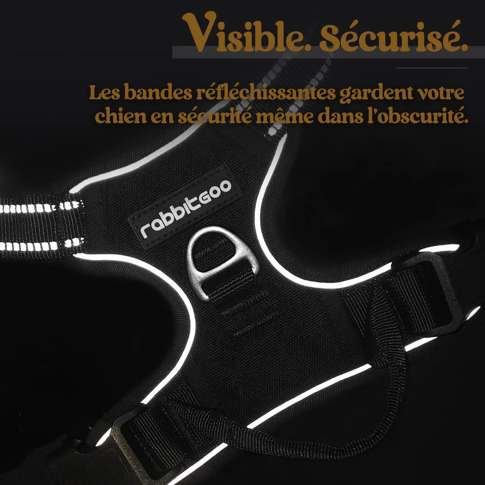 Rabbitgoo Harnais Chien Anti Traction avec Poignée Contrôle, Gilet Réfléchissant Réglable Attache Devant, L Noir