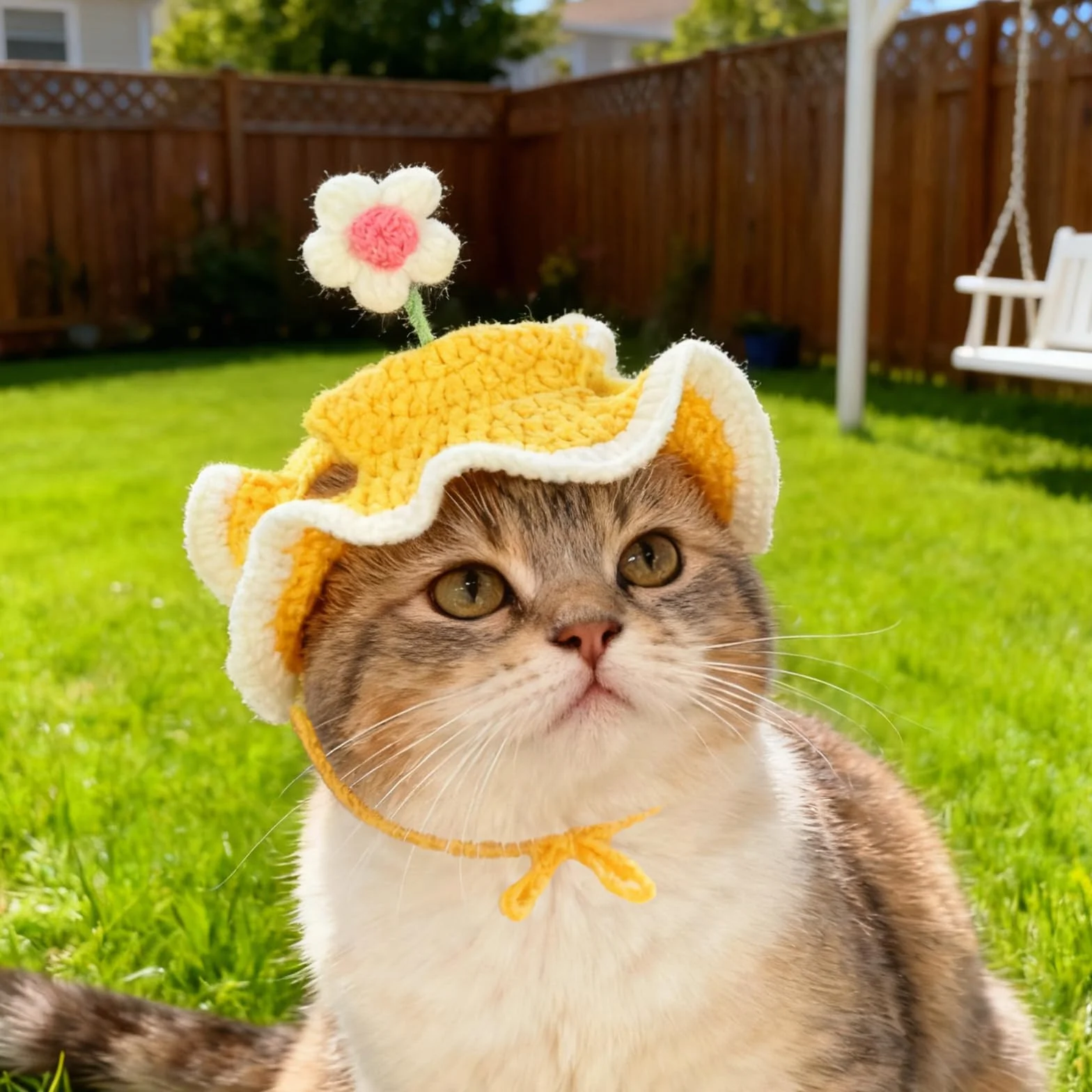 Chapeau d'anniversaire pour Chat avec Trous Oreilles, Ajustable, Tricoté, Mignon Design Fleur, Jaune