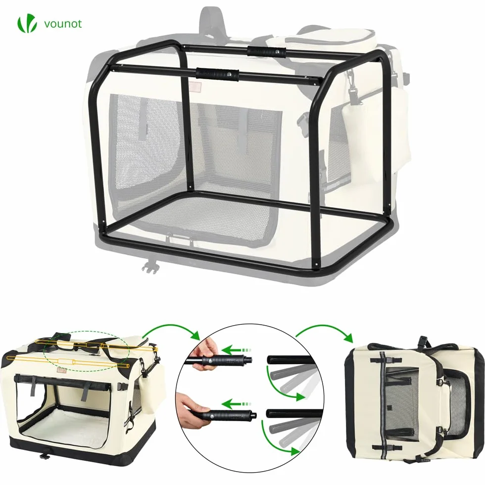 VOUNOT® Sac Transport Pliable pour Chien et Chat Caisse de Transport Respirant avec Matelas en Peluche Amovible Porté par Main/Bandoulière Idéal pour Animaux Domestiques M Beige