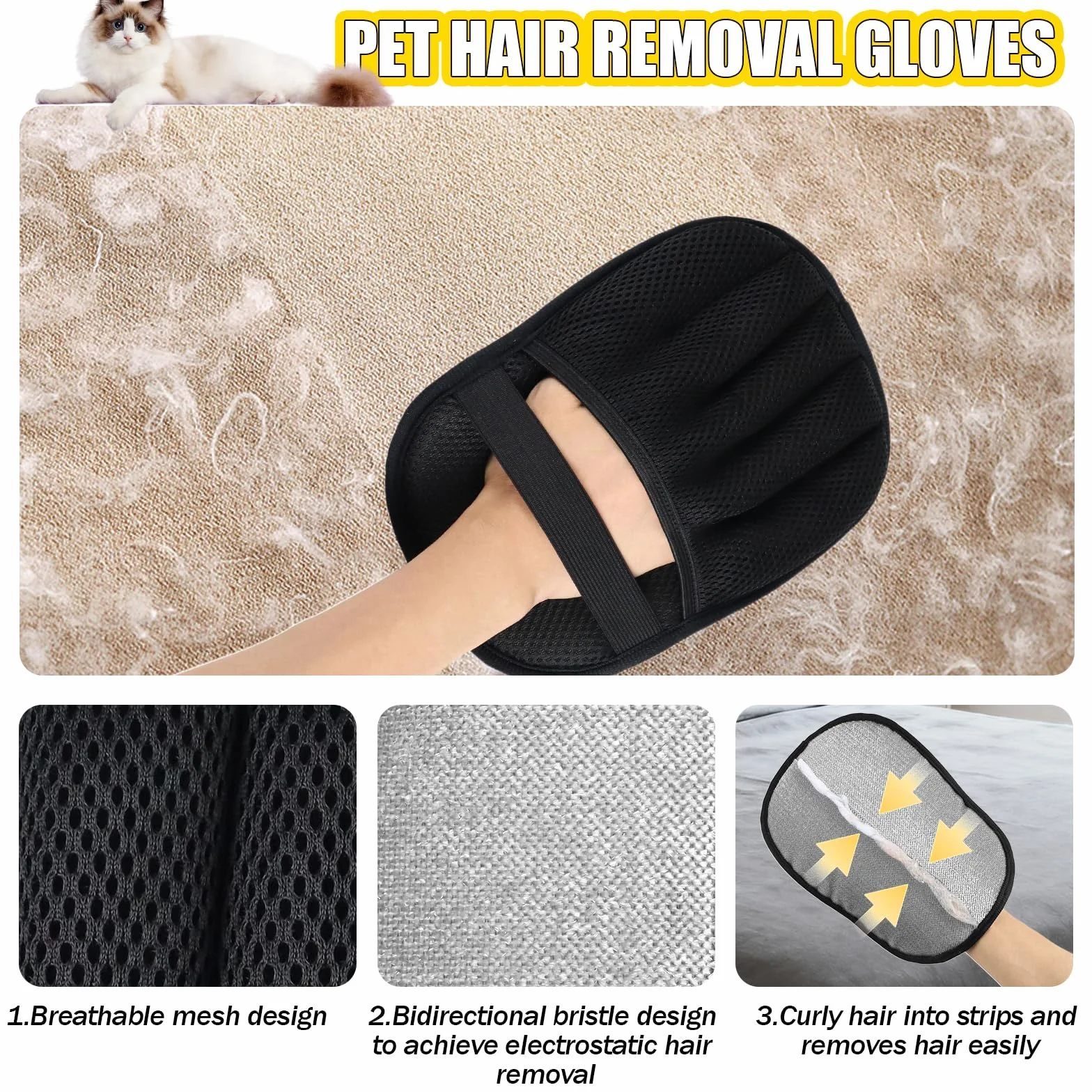 Gant Anti Poils Animaux Double Face Réutilisable pour Tapis Canapé Chien Chat