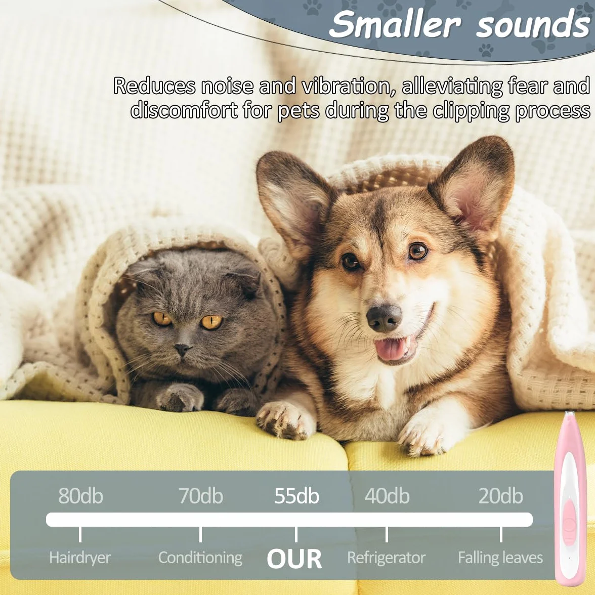 Tondeuse Chat Chien Rechargeable USB Faible Bruit Lumière LED Rose Toilettage Pattes Oreilles Croupe