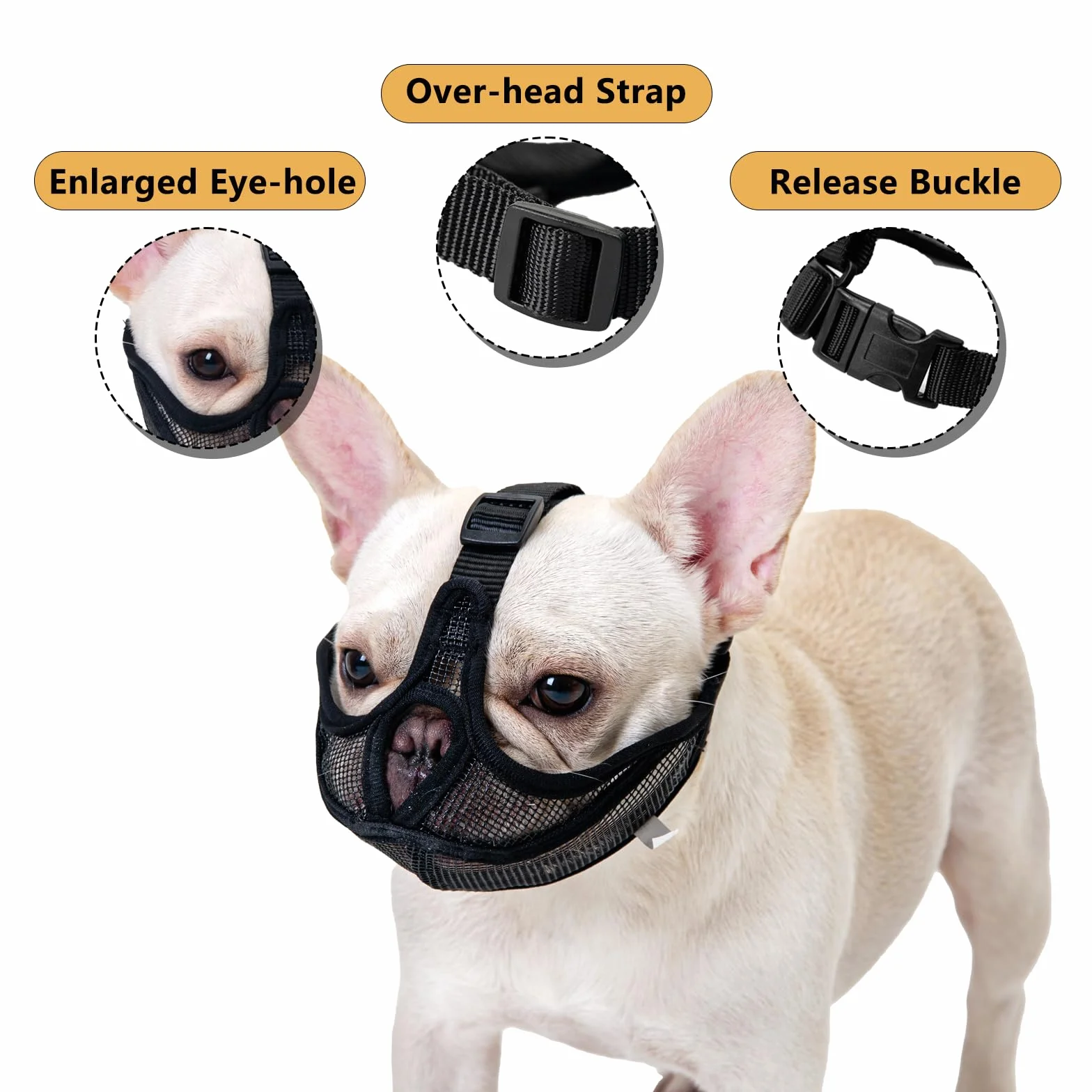 Muselière pour Chien Bouledogue français, muselière pour Chien à museau Court, Maille Respirante Ajustable, Anti Morsure, Mastication, aboiement(M,Noir)