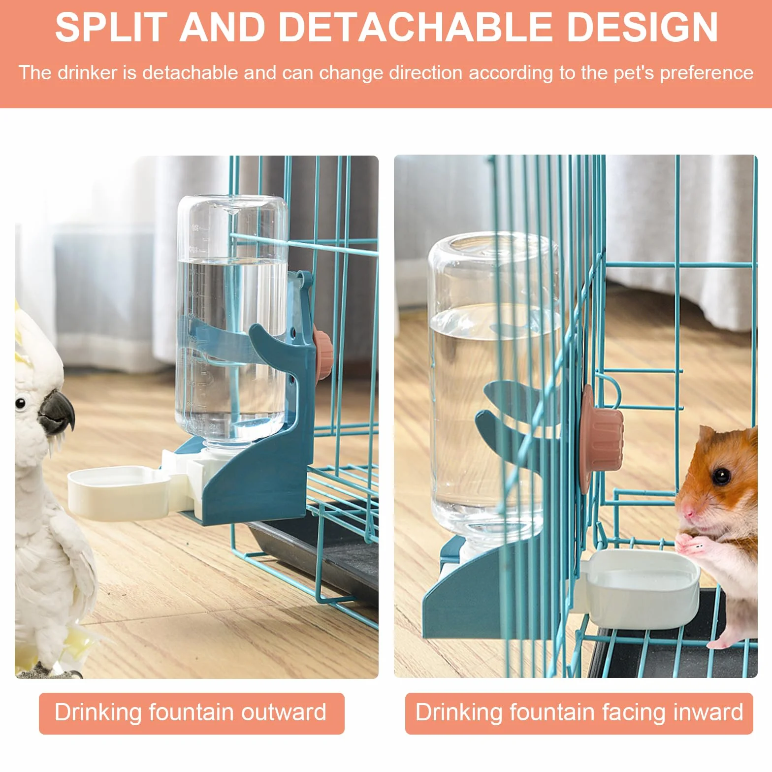 2 pièces de distributeur d'eau automatique pour lapins, 500 ml, bouteille de boisson suspendue pour lapins, cochons d'Inde, chinchillas, hérissons, furets, hamsters (Bleu, Orange)