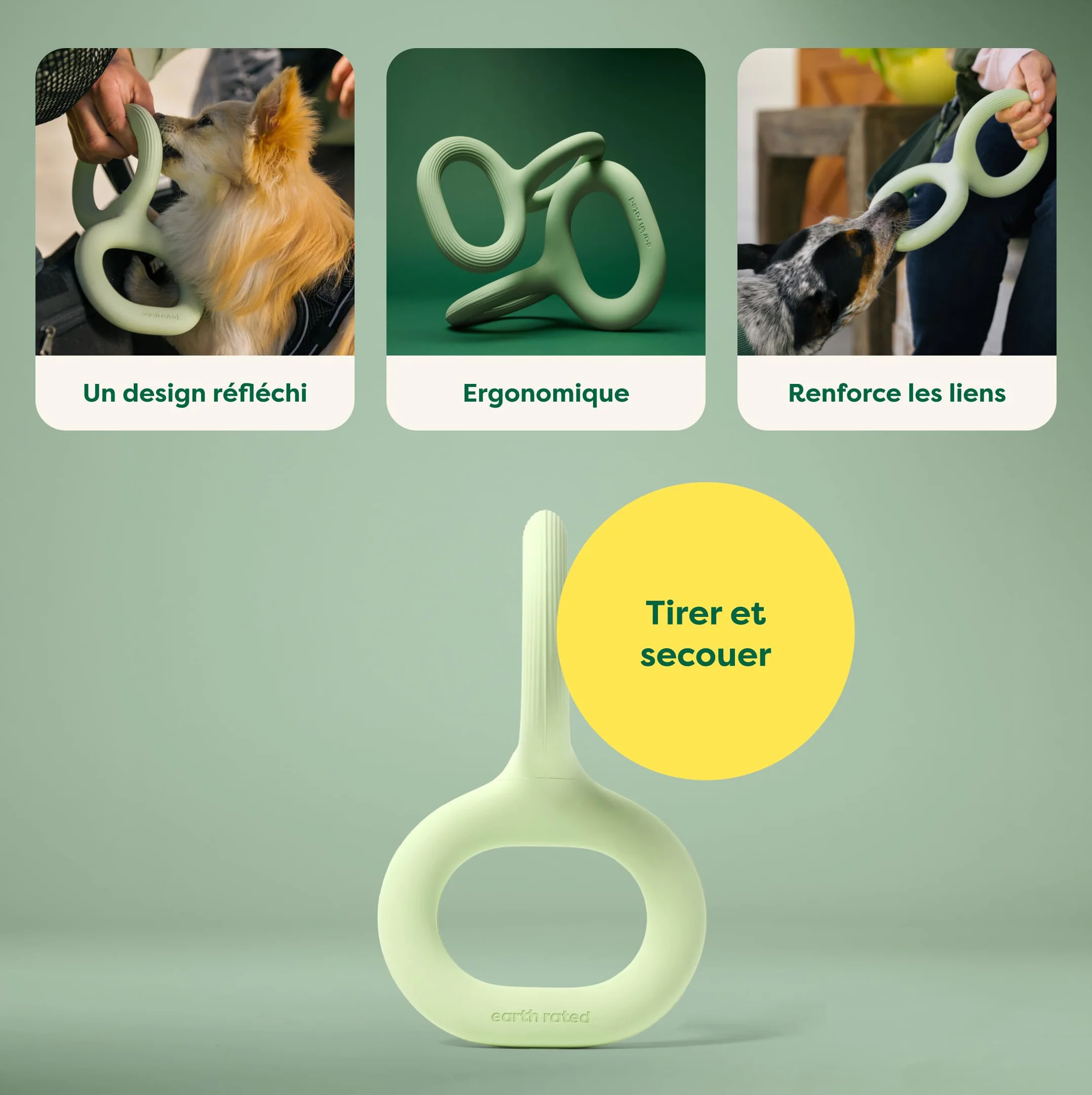 Earth Rated Tug of War Jouet interactif à Tirer pour Chien Adulte et Chiot - Prise en Main Ergonomique - Caoutchouc Naturel - Taille S - Vert