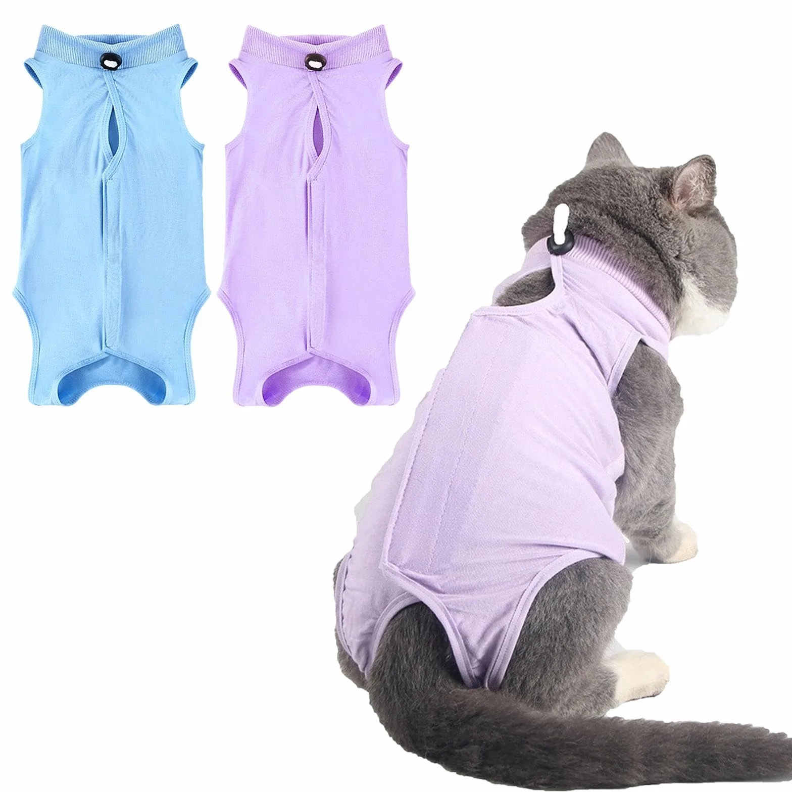Gilet de Récupération pour Chat Post-Opératoire Anti-Léchage, Combinaison de Stérilisation Violet + Bleu (M)