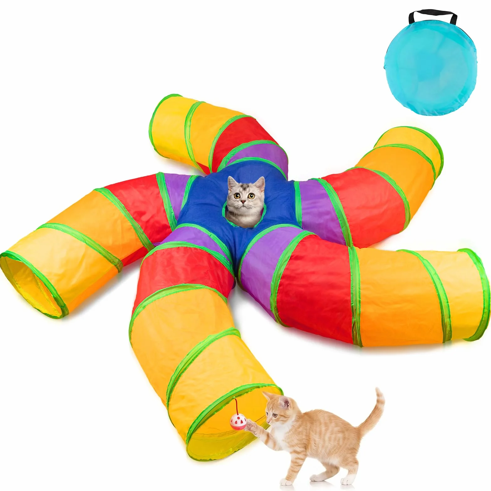 Tunnel de jeu pour chat d'intérieur, grand tunnel à 5 voies et tube pliable avec boule de jeu, tube S avec judas interactif, idéal pour l'exercice des chatons