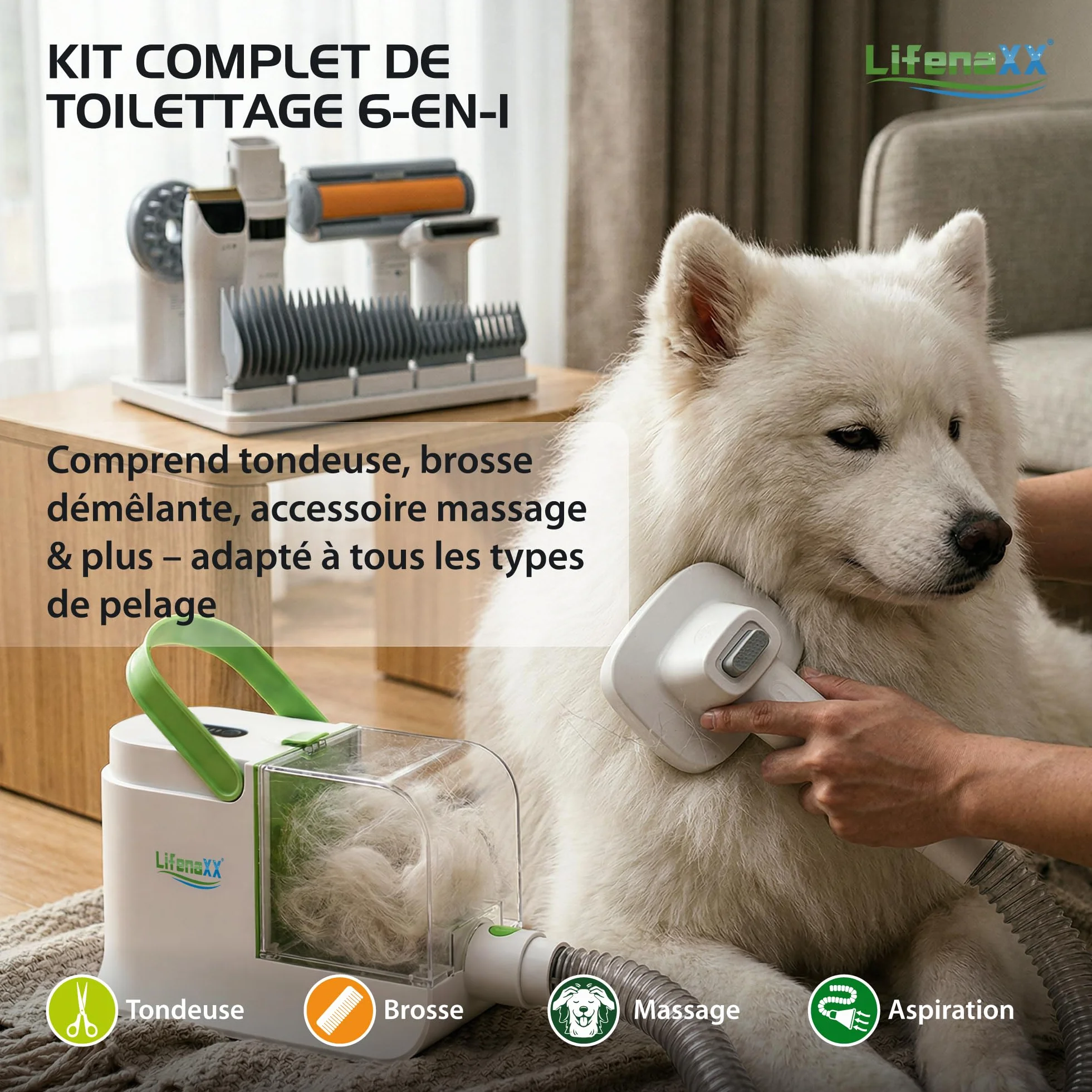 Lifenaxx Tondeuse Animale 6-en-1 avec Aspiration Kit Toilettage Chiens Chats Silencieuse LX-052