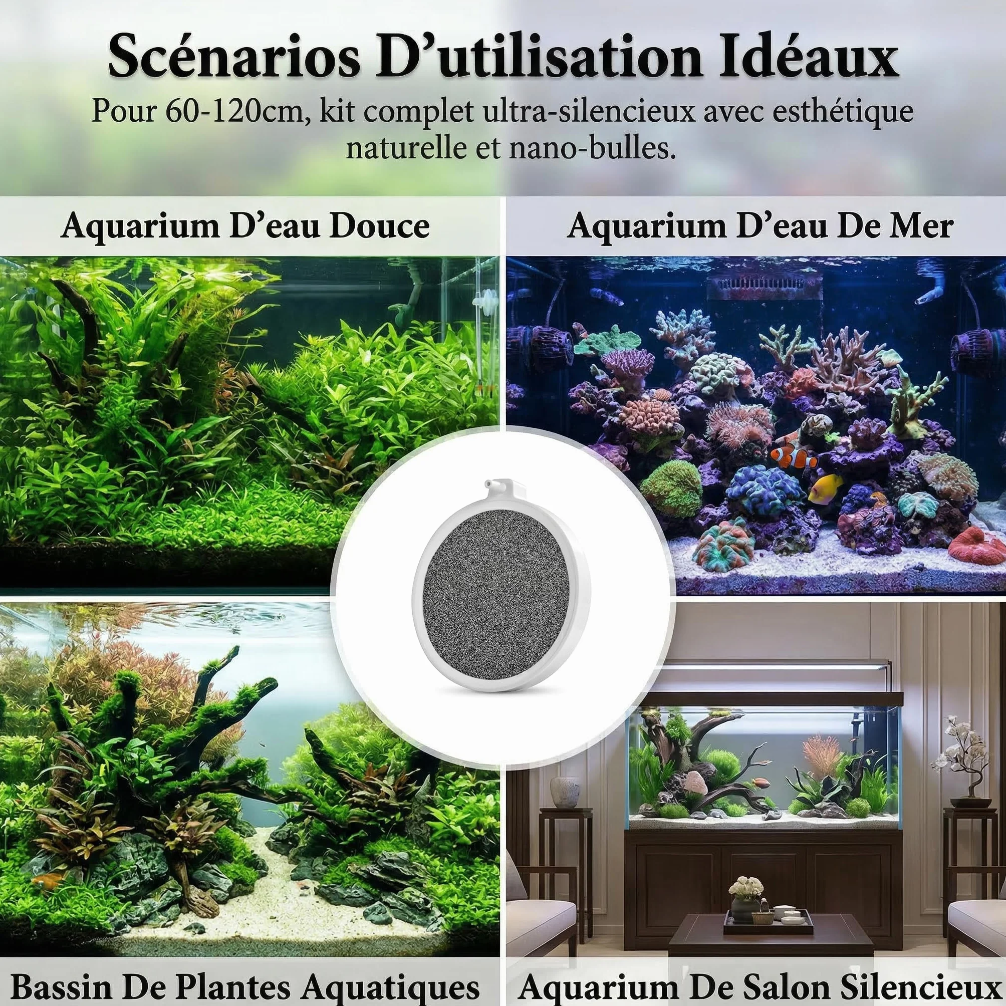 Diffuseur d'air Aquarium 6 pièces – Pierre à air Nano Bulles Fines Silencieux – Kit avec Tuyau 2 m, Clapet Anti-Retour, Valve Réglable