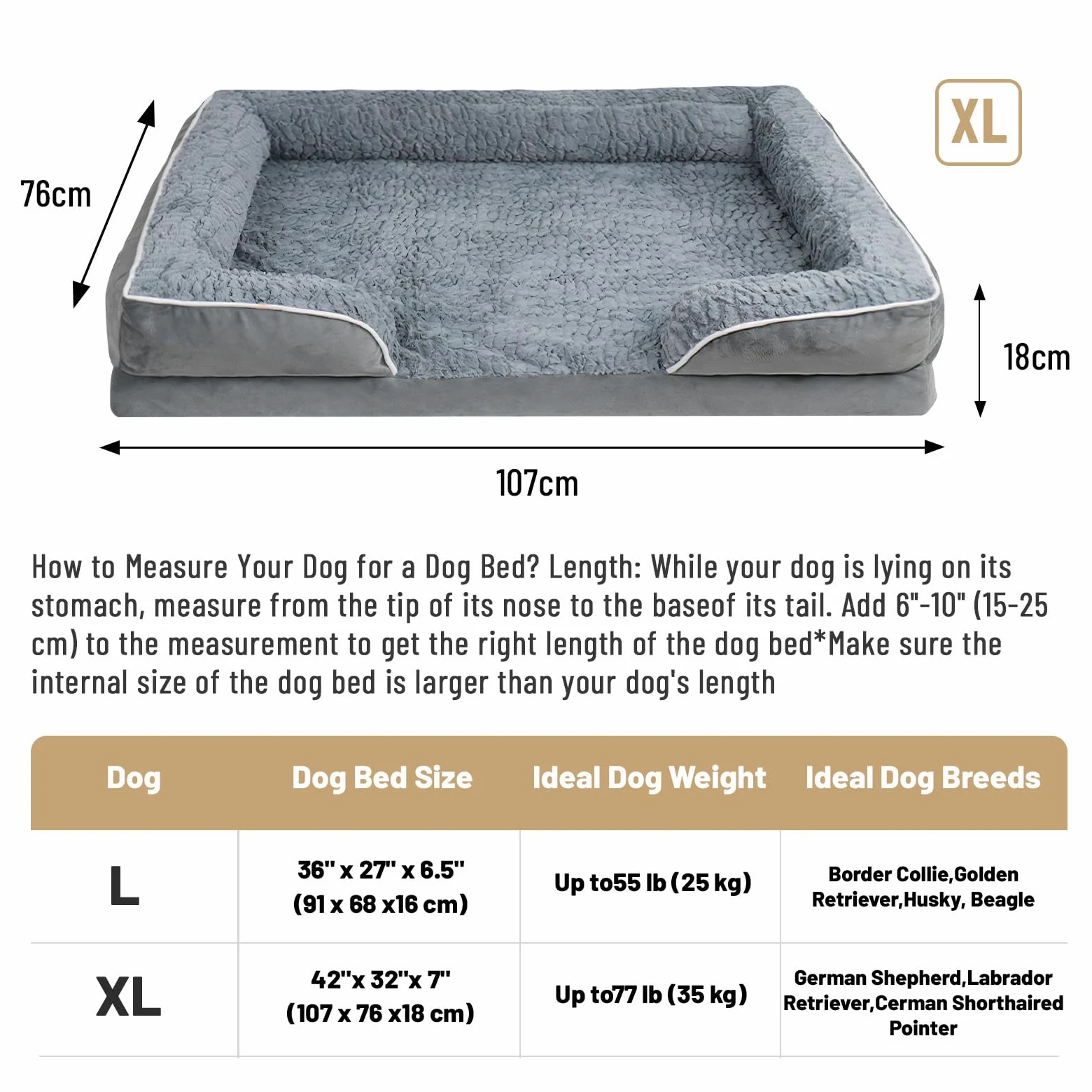 Lit Orthopédique Chien, Mousse mémoire, 107x76 cm, Lavable | Canapé chien avec rebord surélevé, doublure imperméable & antidérapant – coussin peluche moelleux pour grands chiens