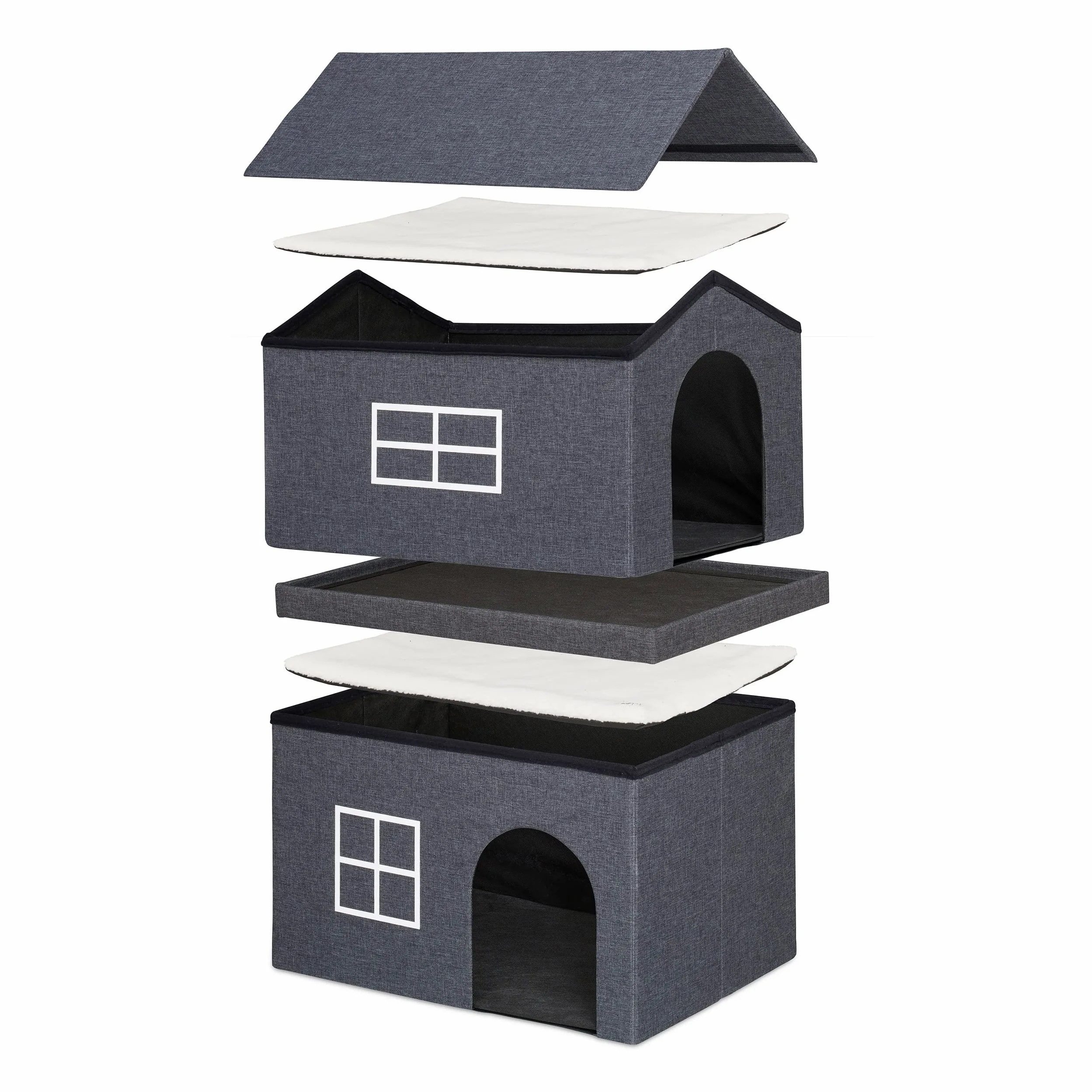 Relaxdays Maison pour Chat en Tissu, abri avec 2 Portes, HxLxP : 71,5x62,5x44 cm, Niche Chatons et Chats, Gris foncé