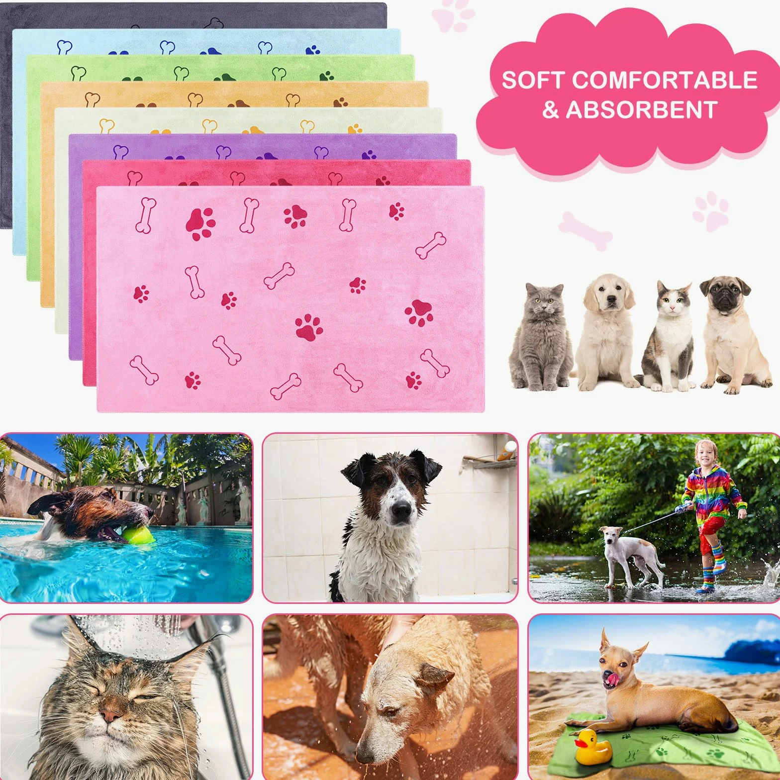 Chumia Lot de 8 serviettes de bain en microfibre à séchage rapide pour chiens et chats - Serviettes de bain absorbantes pour chiens et animaux de compagnie de taille moyenne (45,7 x 71,1 cm, couleur
