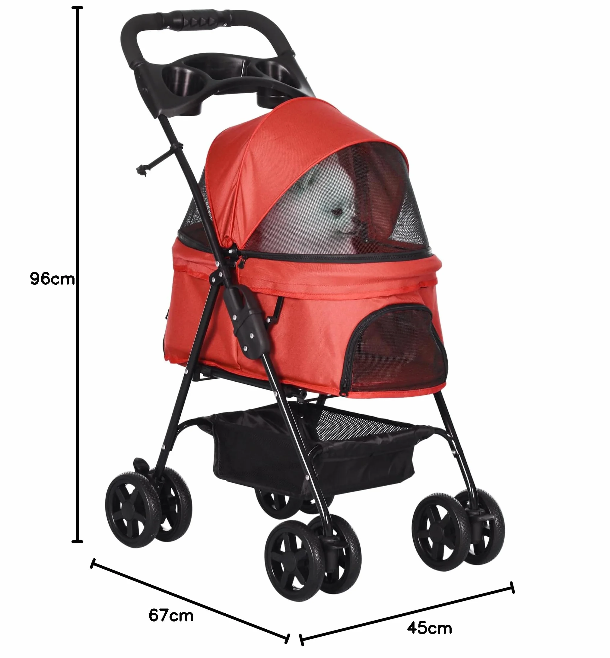 PawHut Poussette pliable pour chien chat 4 roues rouge tissu Oxford 300D imperméable porte-gobelets