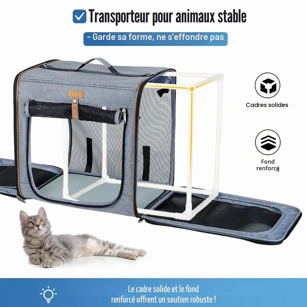 Boîte De Transport 2 en 1 pour Chien et Chat avec Cadre en Fibre Solide, Pliable - Gris
