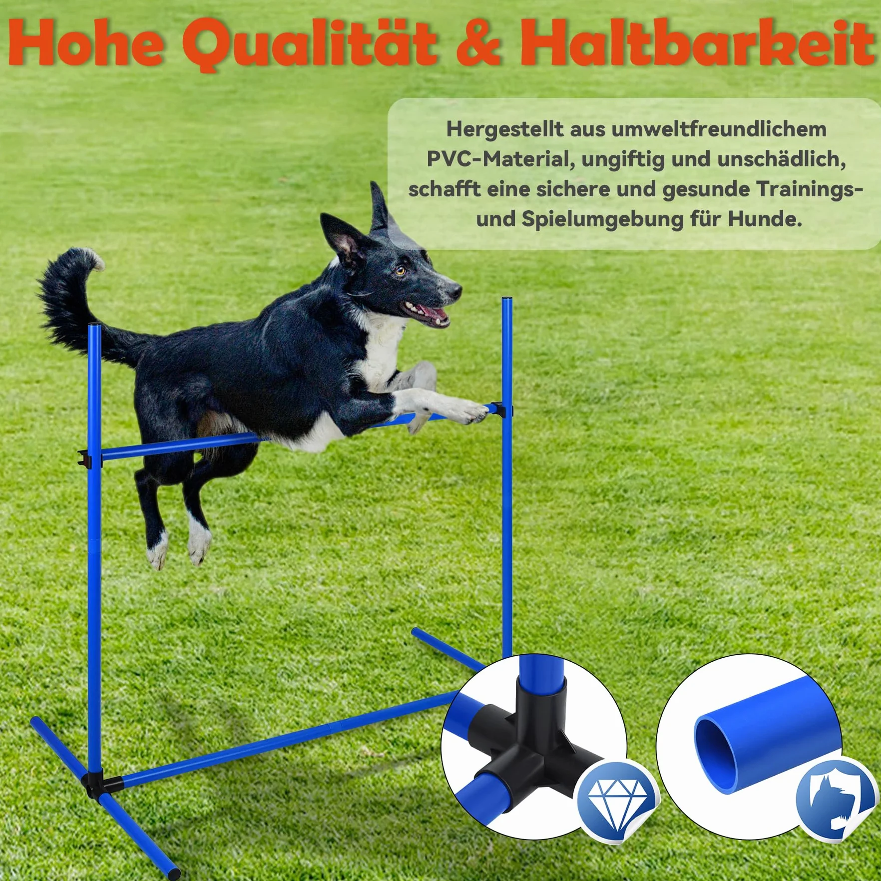 Froadp Agility Lot de 4 obstacles pour chiens - Slalom - Barres réglables en hauteur - 104 x 70 x 101 cm - Bleu