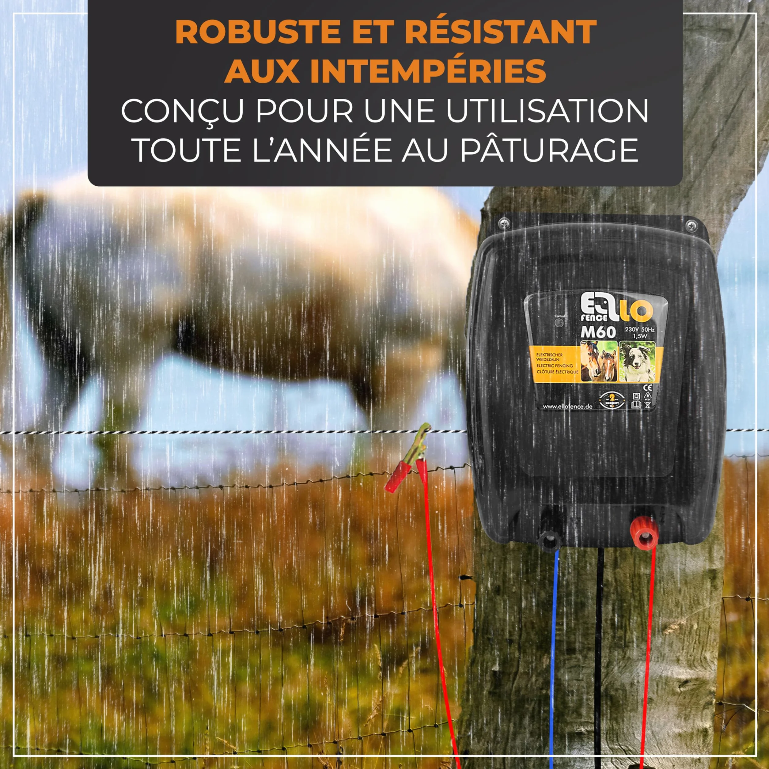 Électrificateur clôture électrique 230 V secteur M60 - Appareil premium pour animaux domestiques et d'élevage