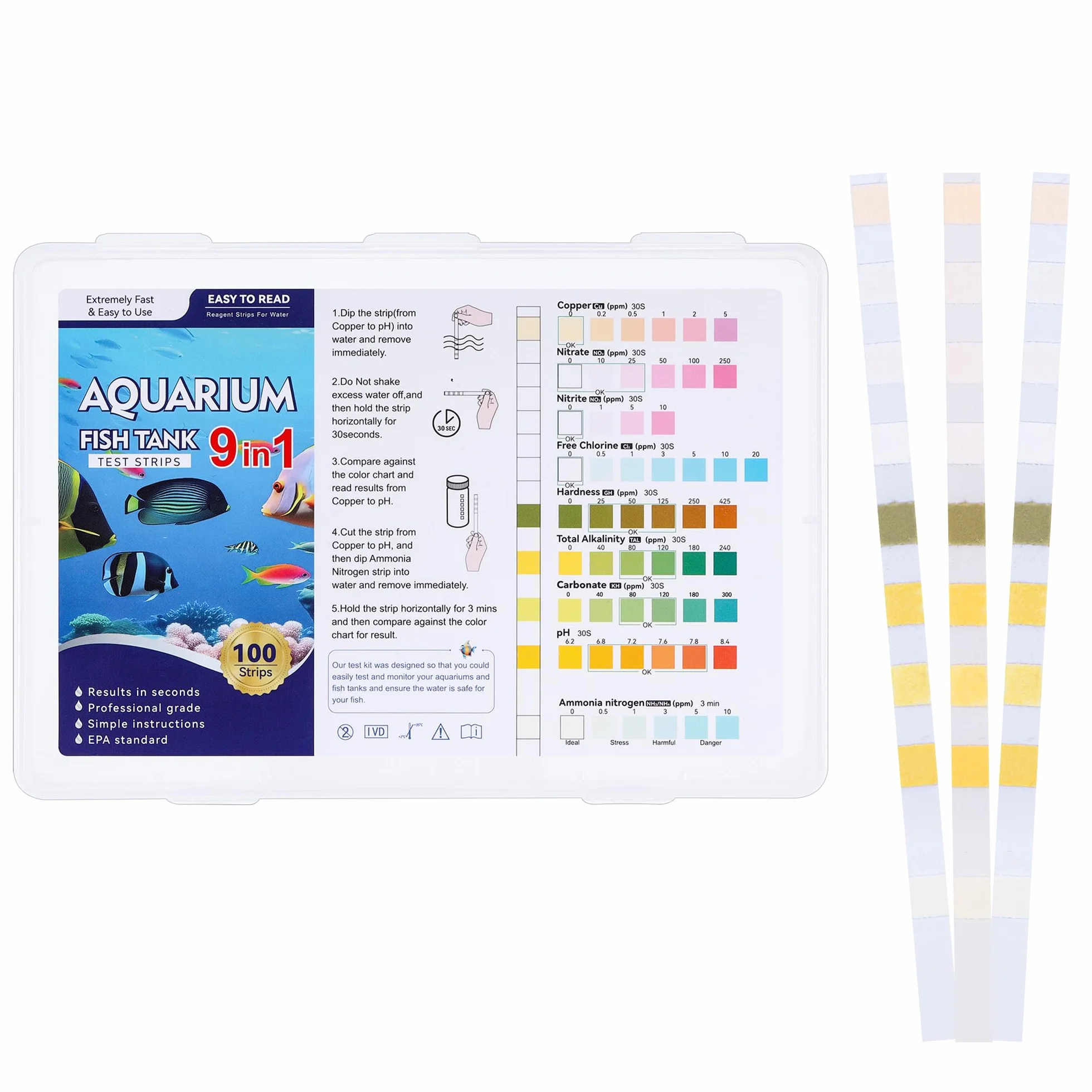 9 en 1 Bandelettes de Test pour Aquarium, Test d'eau Aquariophilie - Ammoniac, Nitrate, Nitrite, Chlore, pH, Dureté, Alcalinité, Cu - 100 Pièces